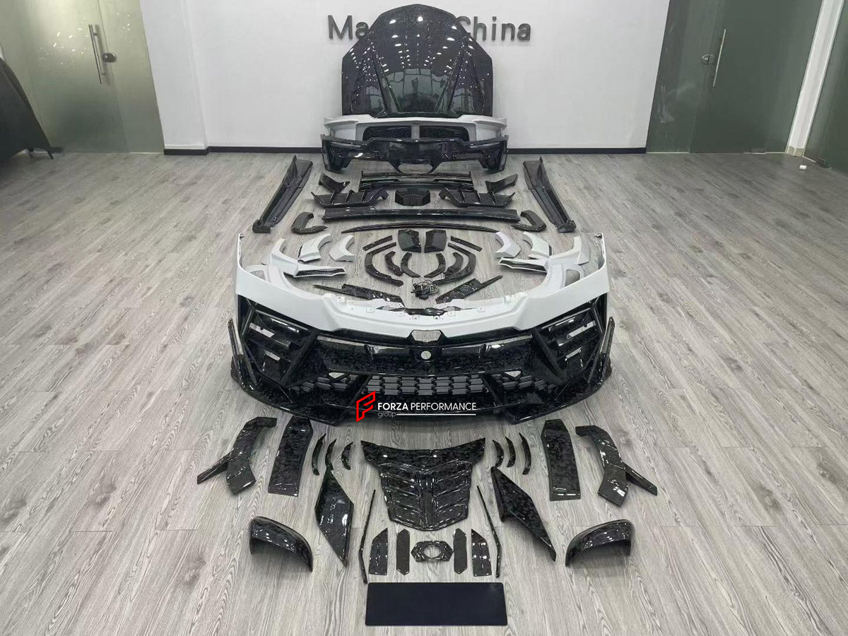 FORGED CARBON BODY KIT for LAMBORGHINI URUS SE 2024+ FORZA PERFORMANCE custom fit M Style

Set includes:
Front Lip
Front Bumper Assembly
Hood Bonnet
Front Fenders
Fender Flares
Side Skirts
Rear Spoiler Wing
Rear Bumper Assembly
Rear Diffuser

Material: Forged Carbon, Plastic

NOTE: Professional installation is required.