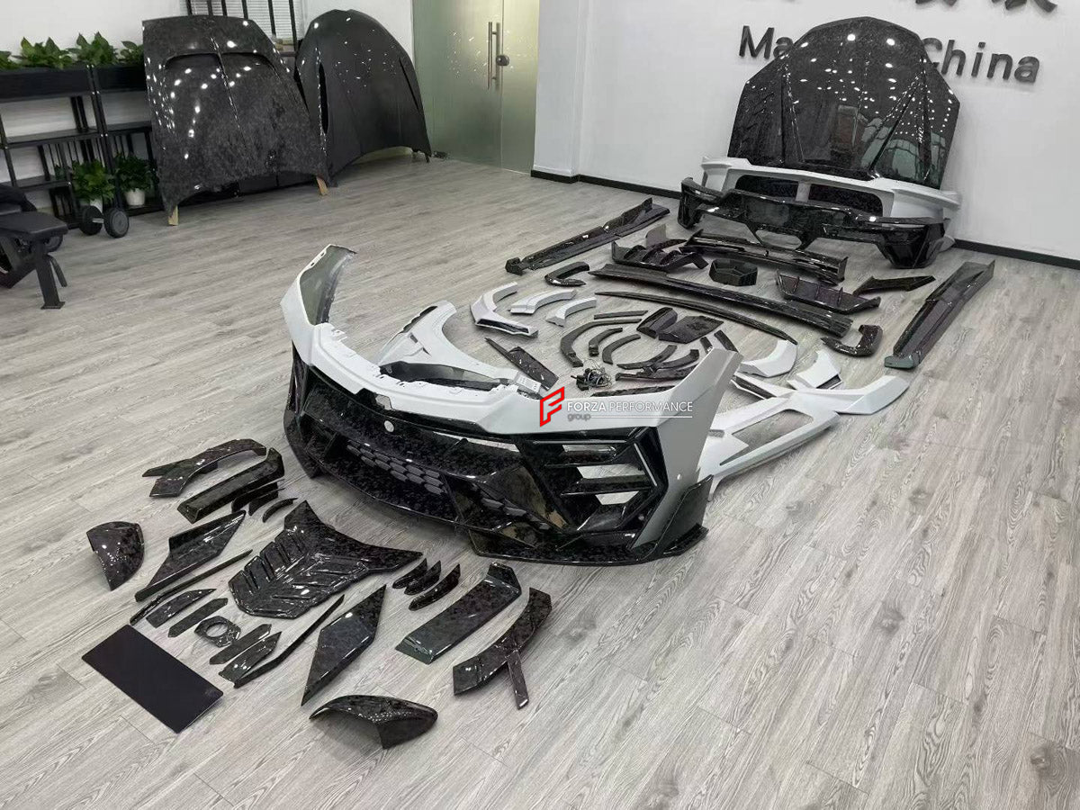 FORGED CARBON BODY KIT for LAMBORGHINI URUS SE 2024+ FORZA PERFORMANCE custom fit M Style

Set includes:
Front Lip
Front Bumper Assembly
Hood Bonnet
Front Fenders
Fender Flares
Side Skirts
Rear Spoiler Wing
Rear Bumper Assembly
Rear Diffuser

Material: Forged Carbon, Plastic

NOTE: Professional installation is required.