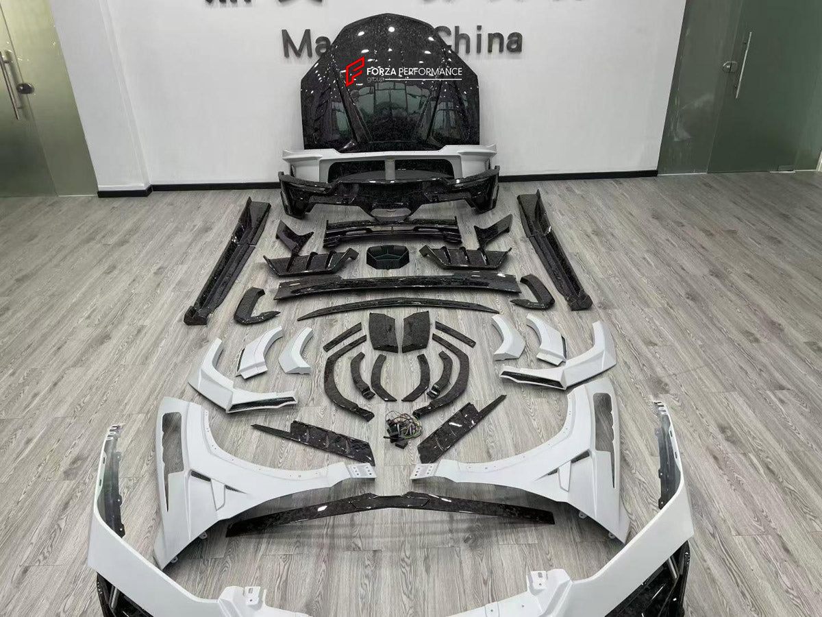 FORGED CARBON BODY KIT for LAMBORGHINI URUS SE 2024+ FORZA PERFORMANCE custom fit M Style

Set includes:
Front Lip
Front Bumper Assembly
Hood Bonnet
Front Fenders
Fender Flares
Side Skirts
Rear Spoiler Wing
Rear Bumper Assembly
Rear Diffuser

Material: Forged Carbon, Plastic

NOTE: Professional installation is required.