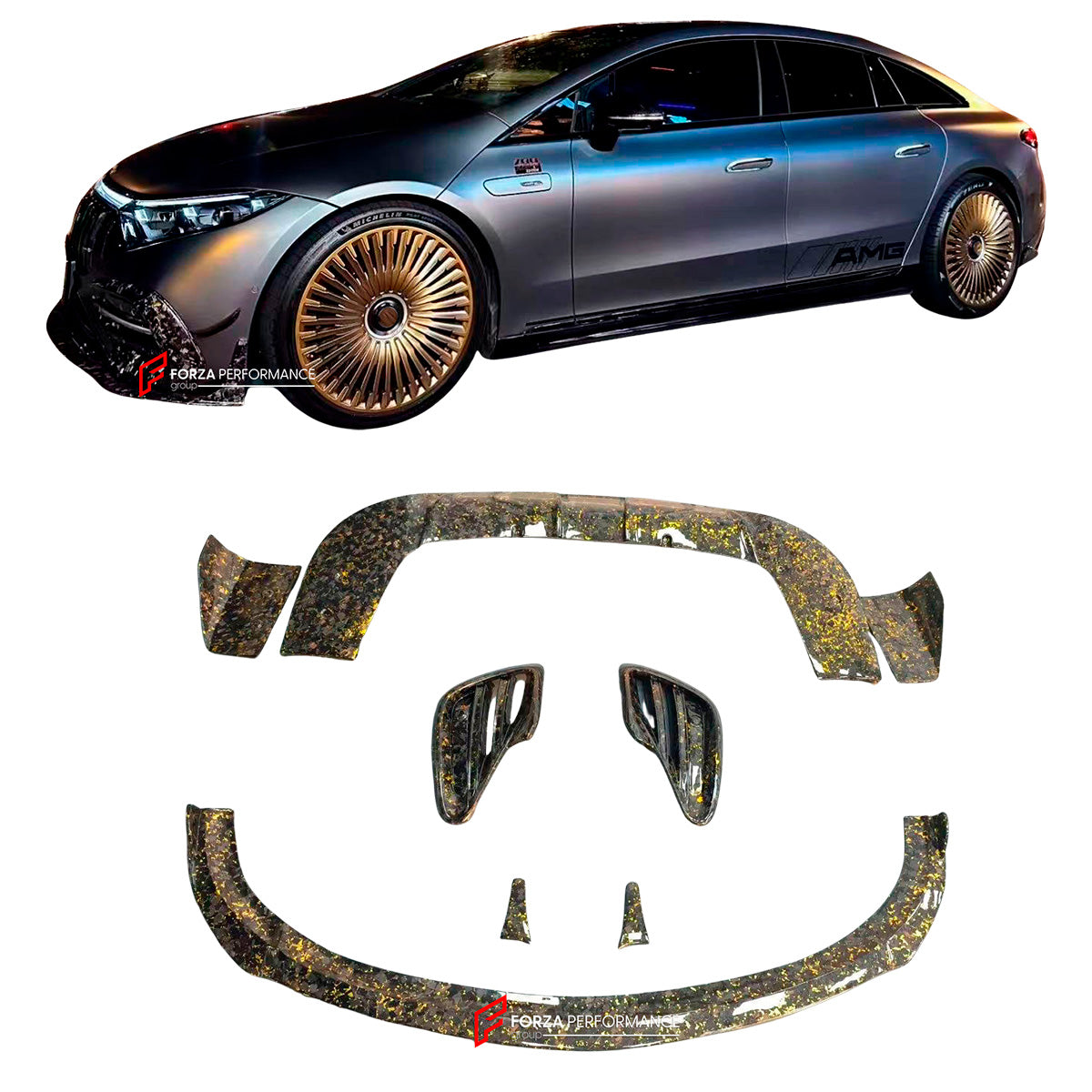 FORGED CARBON BODY KIT for MERCEDES BENZ EQS V297 2021+ EQE V295 2022+

Set includes:

Front Lip
Front Bumper Air Vents
Front Bumper Canards
Rear Diffuser

Material: Forged Carbon

NOTE: Professional installation is required.