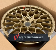 We manufactured premium quality forged wheels rims for our client's Asron Martin DB9 2004 - 2016 with the following specifications:

WHEEL SIZE:

Front: 20 x 8.5 ET 42
Rear: 20 x 11 ET 54
PCD: 5 x 114.3
CB: 68.1
Finish: Satin Light Gold
Material: 6061-T6 Forged Aluminum
THIS WHEEL DESIGN CAN BE CUSTOM-MADE FOR YOUR CAR IN ANY SIZE AND COLOR OPTIONS
Available in monoblock, 2-piece, 3-piece, duoblock, beadlock
3D wheel renderings are provided according to the exact dimensions and specifications requested by t