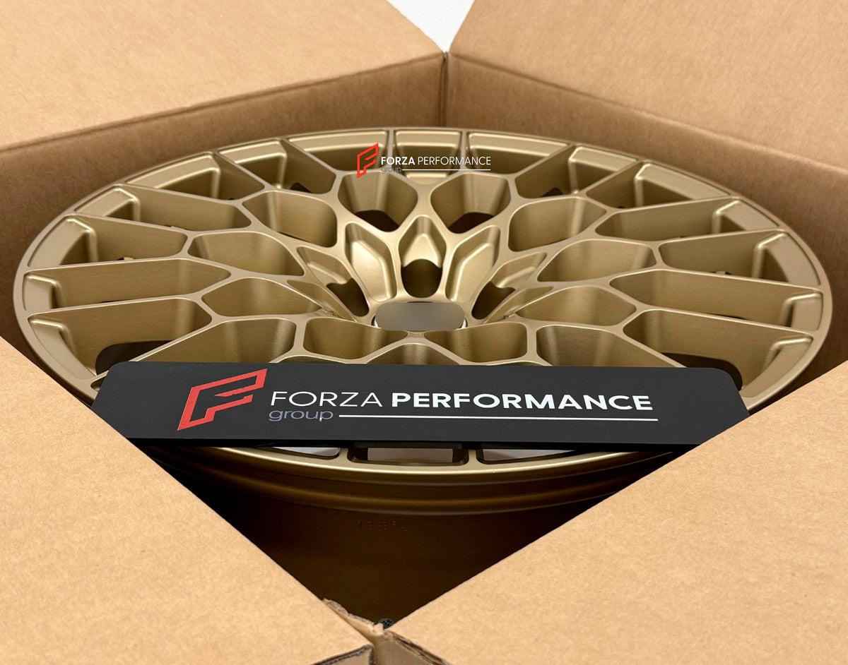 We manufactured premium quality forged wheels rims for our client's Asron Martin DB9 2004 - 2016 with the following specifications:

WHEEL SIZE:

Front: 20 x 8.5 ET 42
Rear: 20 x 11 ET 54
PCD: 5 x 114.3
CB: 68.1
Finish: Satin Light Gold
Material: 6061-T6 Forged Aluminum
THIS WHEEL DESIGN CAN BE CUSTOM-MADE FOR YOUR CAR IN ANY SIZE AND COLOR OPTIONS
Available in monoblock, 2-piece, 3-piece, duoblock, beadlock
3D wheel renderings are provided according to the exact dimensions and specifications requested by t