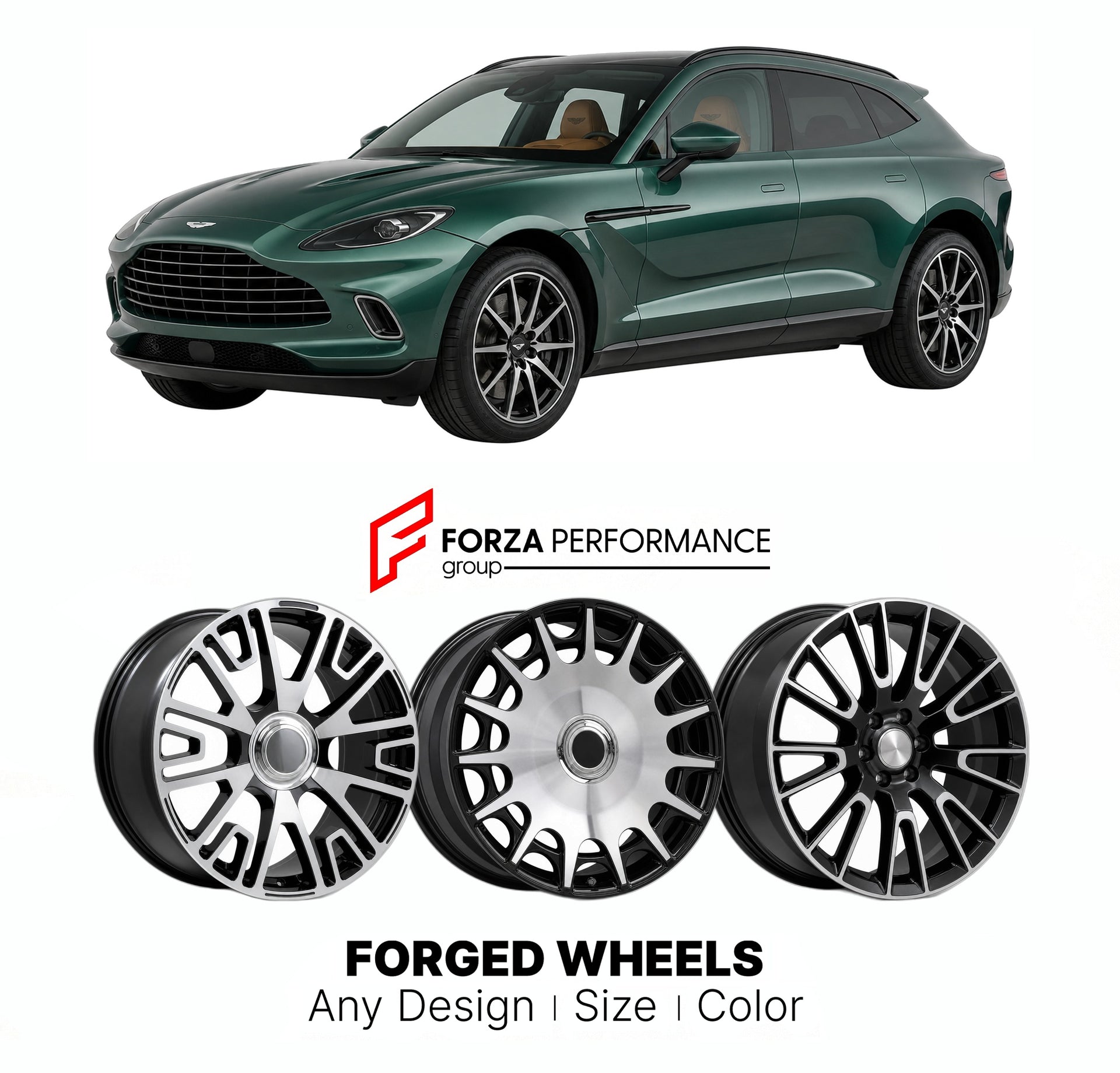 21 INCH FORGED WHEELS RIMS for ASTON MARTIN DBX AM8 2020 - 2024 FORZA PERFORMANCE Mansory Style

We manufacture premium quality forged wheels rims for Aston Martin DBX AM8 2020 - 2024 in any design, size, color.

THIS WHEEL DESIGN CAN BE CUSTOM-MADE FOR YOUR CAR IN ANY SIZE AND COLOR OPTIONS
Available in monoblock, 2-piece, 3-piece, duoblock, beadlock
3D wheel renderings are provided according to the exact dimensions and specifications requested by the client, ensuring proper fitment for their car prior to 