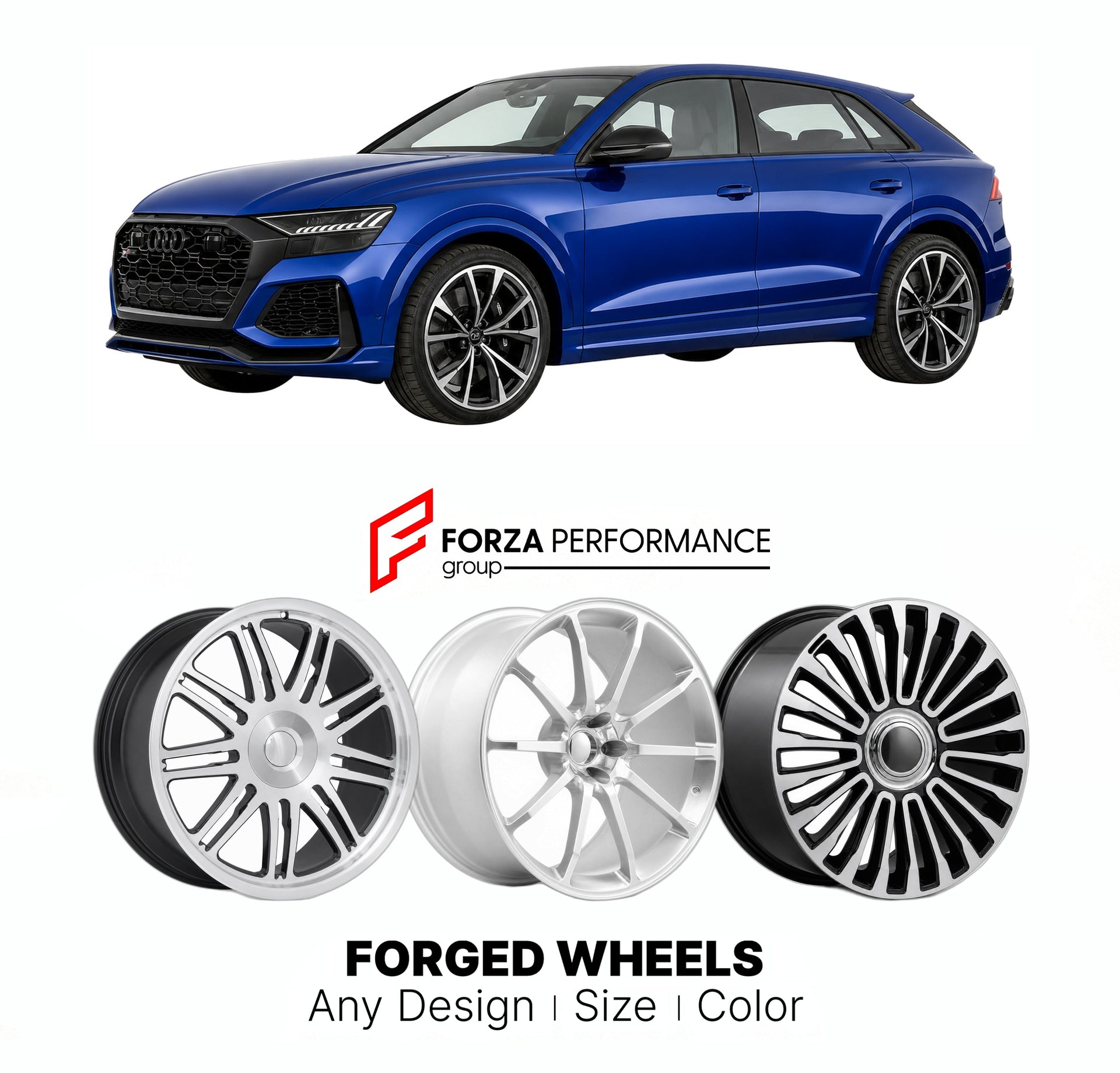 21 INCH FORGED WHEELS RIMS for AUDI RS Q8 4M 2019 - 2024 FORZA PERFORMANCE Mansory Style

We manufacture premium quality forged wheels rims for Audi RS Q8 4M 2019 - 2024 in any design, size, color.

THIS WHEEL DESIGN CAN BE CUSTOM-MADE FOR YOUR CAR IN ANY SIZE AND COLOR OPTIONS
Available in monoblock, 2-piece, 3-piece, duoblock, beadlock
3D wheel renderings are provided according to the exact dimensions and specifications requested by the client, ensuring proper fitment for their car prior to production
OPT