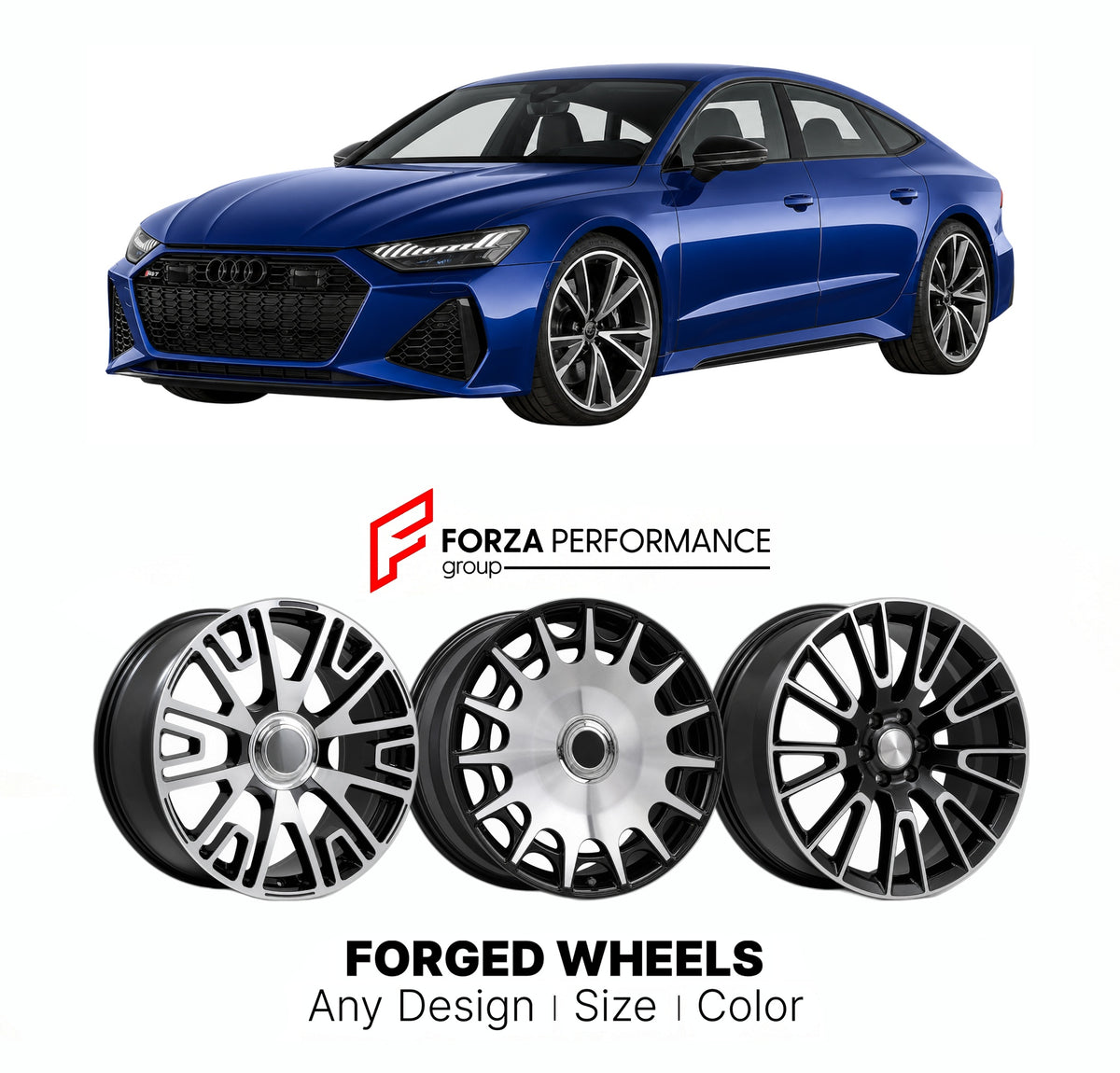 21 INCH FORGED WHEELS RIMS for AUDI RS7 C8 2019 - 2023 FORZA PERFORMANCE Mansory Style

We manufacture premium quality forged wheels rims for Audi RS7 C8 2019 - 2023 in any design, size, color.

THIS WHEEL DESIGN CAN BE CUSTOM-MADE FOR YOUR CAR IN ANY SIZE AND COLOR OPTIONS
Available in monoblock, 2-piece, 3-piece, duoblock, beadlock
3D wheel renderings are provided according to the exact dimensions and specifications requested by the client, ensuring proper fitment for their car prior to production
OPTIONS