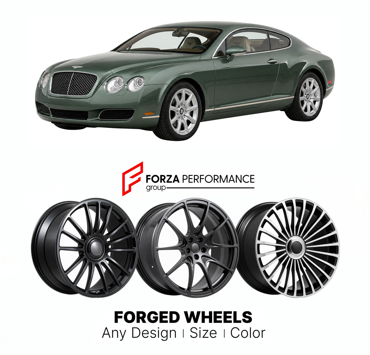 21 INCH FORGED WHEELS RIMS for BENTLEY CONTINENTAL GT I 2003 - 2011 FORZA PERFORMANCE Mansory Style

We manufacture premium quality forged wheels rims for Bentley Continental GT I 2003 - 2011 in any design, size, color.

THIS WHEEL DESIGN CAN BE CUSTOM-MADE FOR YOUR CAR IN ANY SIZE AND COLOR OPTIONS
Available in monoblock, 2-piece, 3-piece, duoblock, beadlock
3D wheel renderings are provided according to the exact dimensions and specifications requested by the client, ensuring proper fitment for their car p
