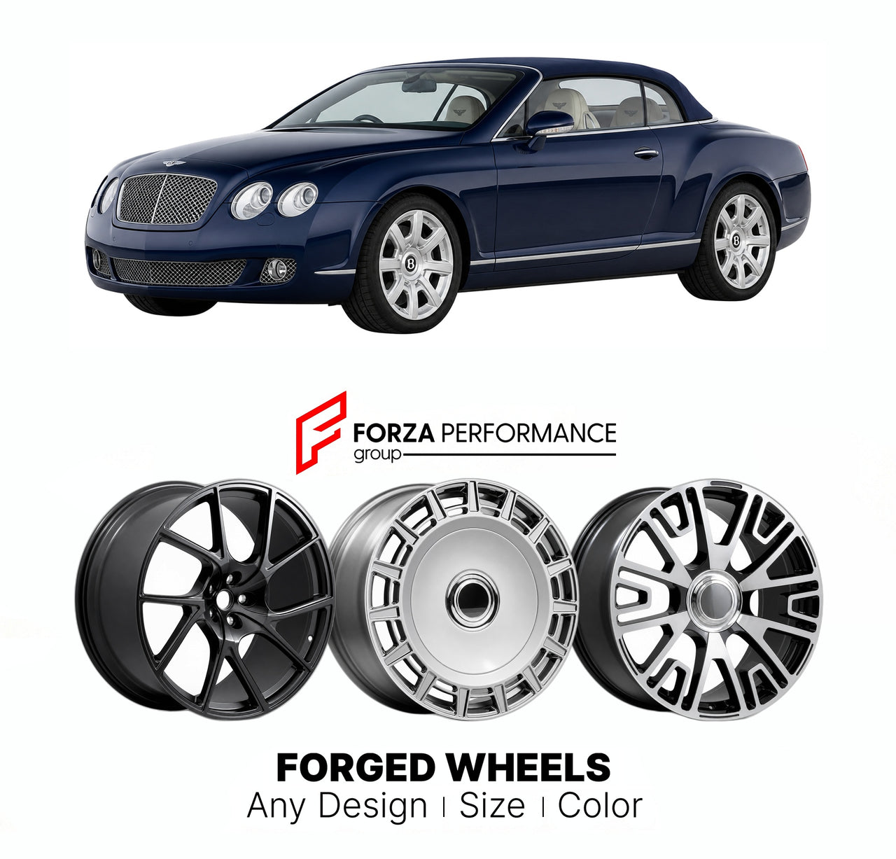 21 INCH FORGED WHEELS RIMS for BENTLEY CONTINENTAL GTC I 2006 - 2011 FORZA PERFORMANCE Mansory Style

We manufacture premium quality forged wheels rims for Bentley Continental GTC I 2006 - 2011 in any design, size, color.

THIS WHEEL DESIGN CAN BE CUSTOM-MADE FOR YOUR CAR IN ANY SIZE AND COLOR OPTIONS
Available in monoblock, 2-piece, 3-piece, duoblock, beadlock
3D wheel renderings are provided according to the exact dimensions and specifications requested by the client, ensuring proper fitment for their car