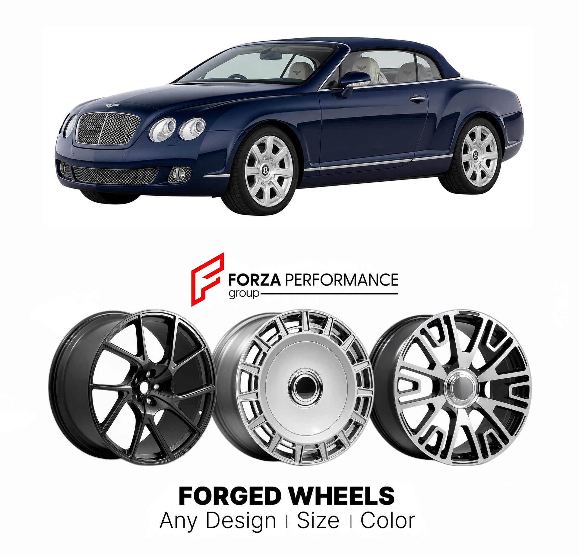 21 INCH FORGED WHEELS RIMS for BENTLEY CONTINENTAL GTC I 2006 - 2011 FORZA PERFORMANCE Mansory Style

We manufacture premium quality forged wheels rims for Bentley Continental GTC I 2006 - 2011 in any design, size, color.

THIS WHEEL DESIGN CAN BE CUSTOM-MADE FOR YOUR CAR IN ANY SIZE AND COLOR OPTIONS
Available in monoblock, 2-piece, 3-piece, duoblock, beadlock
3D wheel renderings are provided according to the exact dimensions and specifications requested by the client, ensuring proper fitment for their car