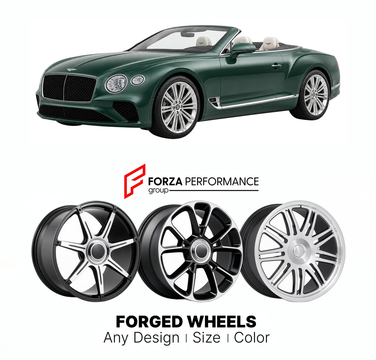 21 INCH FORGED WHEELS RIMS for BENTLEY CONTINENTAL GTC III 2019 - 2024 FORZA PERFORMANCE Mansory Style

We manufacture premium quality forged wheels rims for Bentley Continental GTC III 2019 - 2024 in any design, size, color.

THIS WHEEL DESIGN CAN BE CUSTOM-MADE FOR YOUR CAR IN ANY SIZE AND COLOR OPTIONS
Available in monoblock, 2-piece, 3-piece, duoblock, beadlock
3D wheel renderings are provided according to the exact dimensions and specifications requested by the client, ensuring proper fitment for their