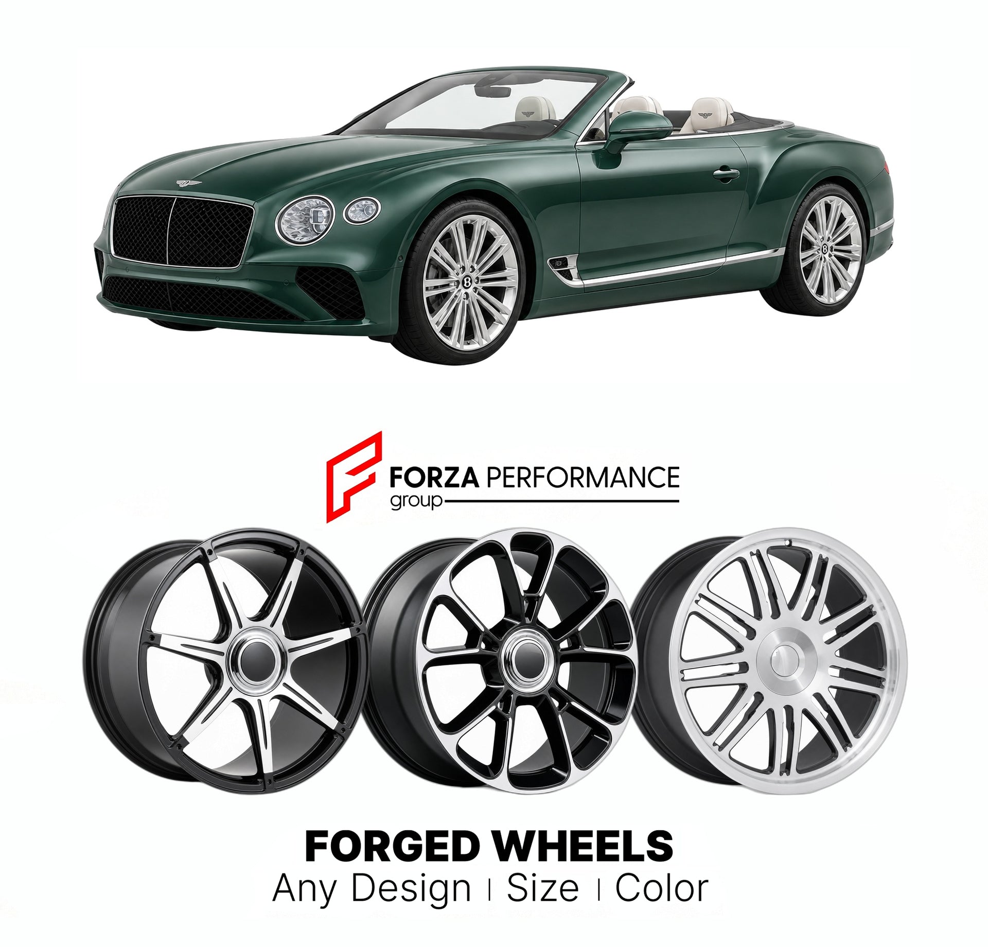 21 INCH FORGED WHEELS RIMS for BENTLEY CONTINENTAL GTC III 2019 - 2024 FORZA PERFORMANCE Mansory Style

We manufacture premium quality forged wheels rims for Bentley Continental GTC III 2019 - 2024 in any design, size, color.

THIS WHEEL DESIGN CAN BE CUSTOM-MADE FOR YOUR CAR IN ANY SIZE AND COLOR OPTIONS
Available in monoblock, 2-piece, 3-piece, duoblock, beadlock
3D wheel renderings are provided according to the exact dimensions and specifications requested by the client, ensuring proper fitment for their