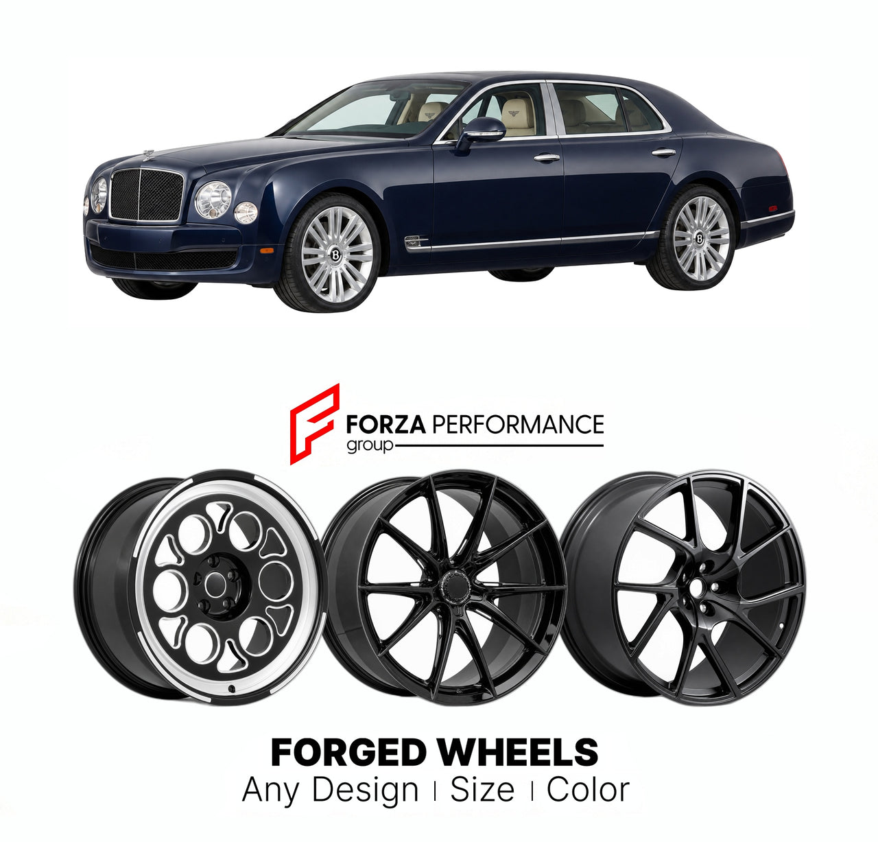 21 INCH FORGED WHEELS RIMS for BENTLEY MULSANNE 2009 - 2016 FORZA PERFORMANCE Mansory Style

We manufacture premium quality forged wheels rims for Bentley Mulsanne 2009 - 2016 in any design, size, color.

THIS WHEEL DESIGN CAN BE CUSTOM-MADE FOR YOUR CAR IN ANY SIZE AND COLOR OPTIONS
Available in monoblock, 2-piece, 3-piece, duoblock, beadlock
3D wheel renderings are provided according to the exact dimensions and specifications requested by the client, ensuring proper fitment for their car prior to producti