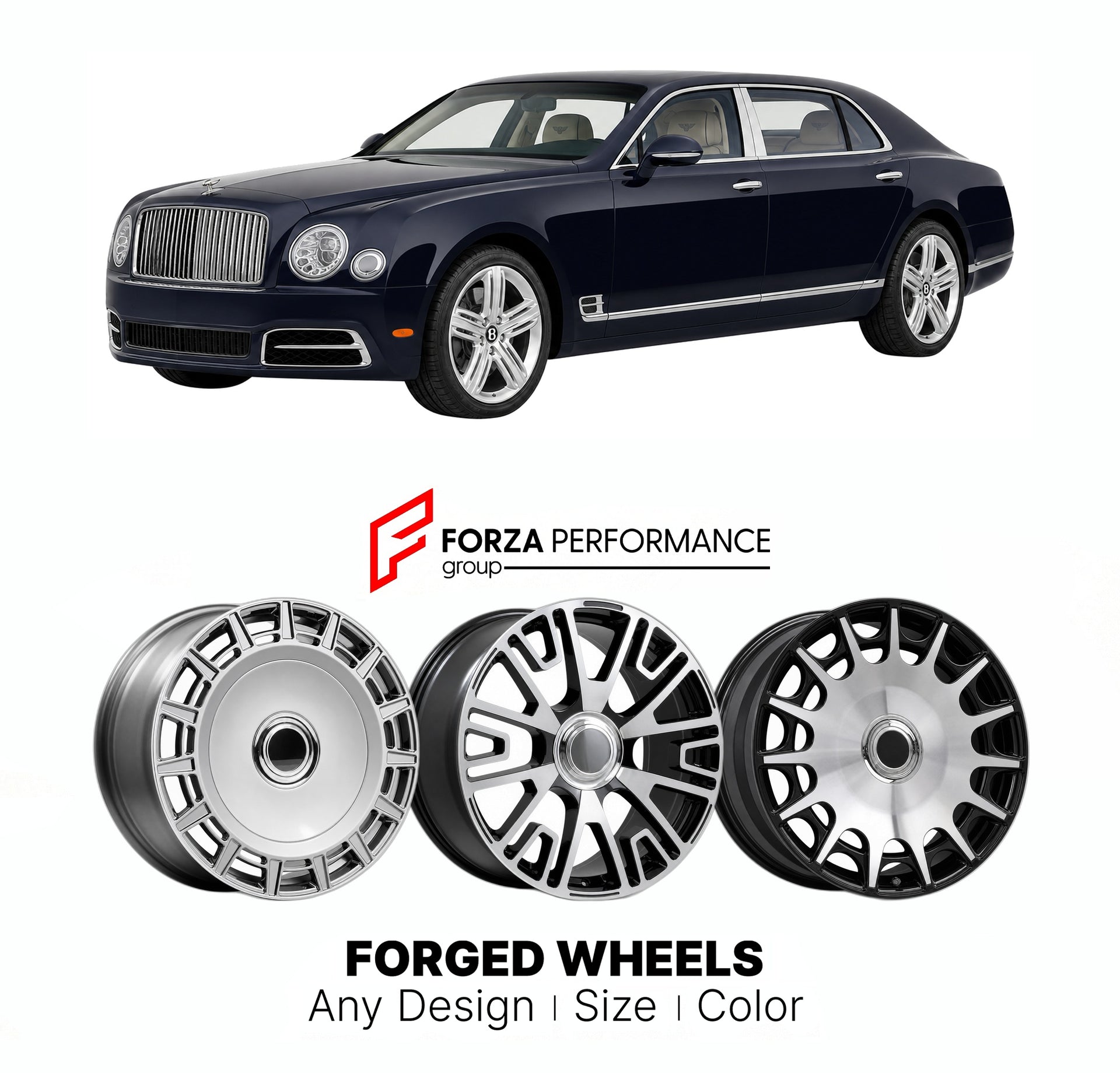 21 INCH FORGED WHEELS RIMS for BENTLEY MULSANNE FACELIFT 2016 - 2020 FORZA PERFORMANCE Mansory Style

We manufacture premium quality forged wheels rims for Bentley Mulsanne Facelift 2016 - 2020 in any design, size, color.

THIS WHEEL DESIGN CAN BE CUSTOM-MADE FOR YOUR CAR IN ANY SIZE AND COLOR OPTIONS
Available in monoblock, 2-piece, 3-piece, duoblock, beadlock
3D wheel renderings are provided according to the exact dimensions and specifications requested by the client, ensuring proper fitment for their car