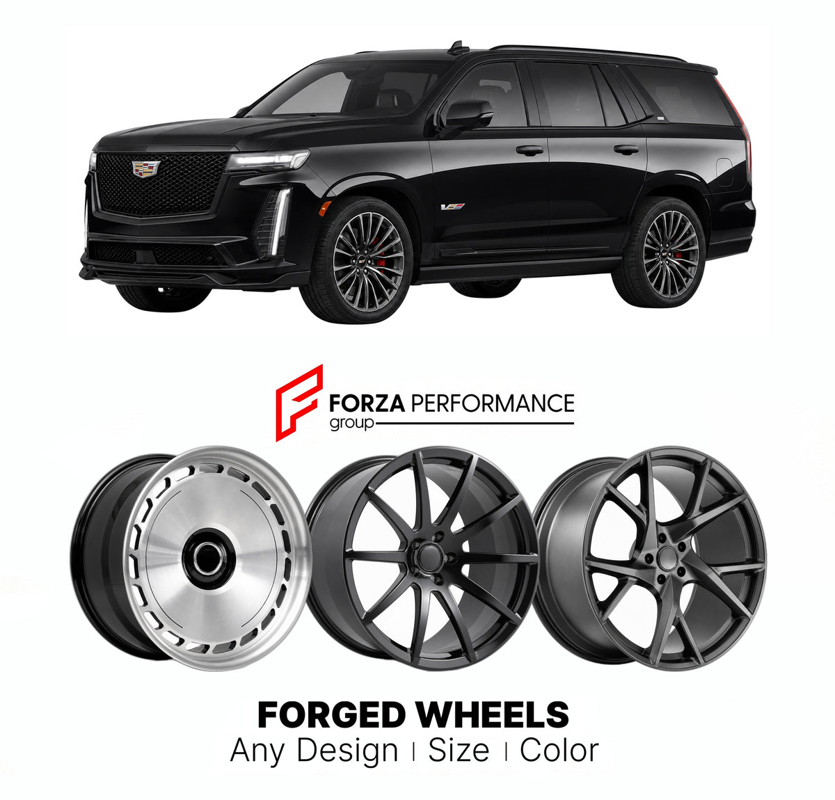 21 INCH FORGED WHEELS RIMS for CADILLAC ESCALADE V 2021 - 2024 FORZA PERFORMANCE Mansory Style

We manufacture premium quality forged wheels rims for Cadillac Escalade V 2021 - 2024 in any design, size, color.

THIS WHEEL DESIGN CAN BE CUSTOM-MADE FOR YOUR CAR IN ANY SIZE AND COLOR OPTIONS
Available in monoblock, 2-piece, 3-piece, duoblock, beadlock
3D wheel renderings are provided according to the exact dimensions and specifications requested by the client, ensuring proper fitment for their car prior to pr