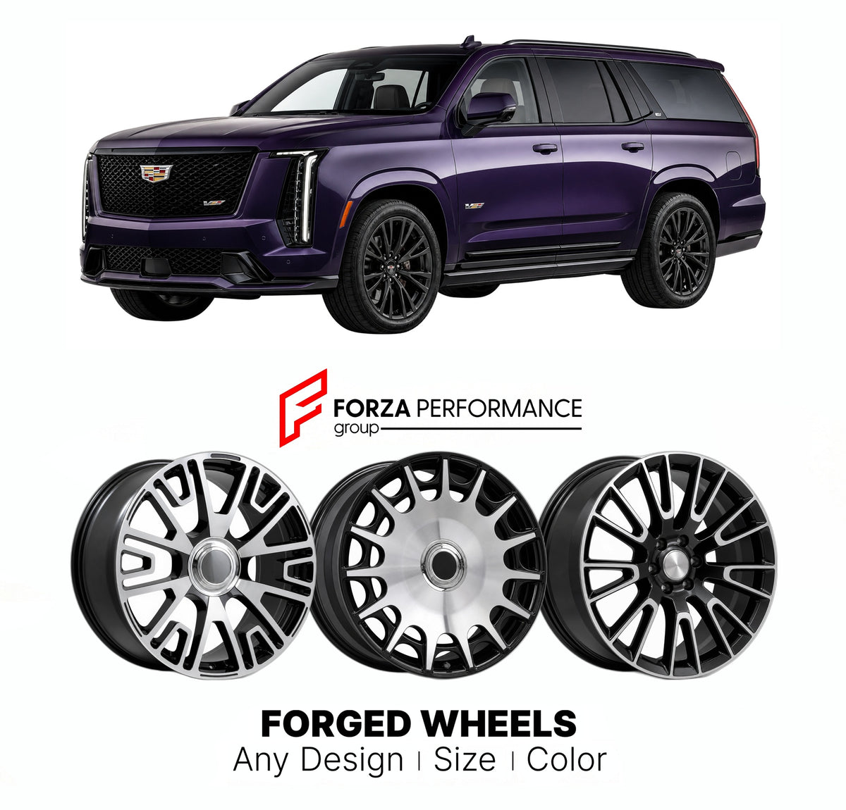 21 INCH FORGED WHEELS RIMS for CADILLAC ESCALADE V FACELIFT 2024+ FORZA PERFORMANCE Mansory Style

We manufacture premium quality forged wheels rims for Cadillac Escalade V Facelift 2024+ in any design, size, color.

THIS WHEEL DESIGN CAN BE CUSTOM-MADE FOR YOUR CAR IN ANY SIZE AND COLOR OPTIONS
Available in monoblock, 2-piece, 3-piece, duoblock, beadlock
3D wheel renderings are provided according to the exact dimensions and specifications requested by the client, ensuring proper fitment for their car prior