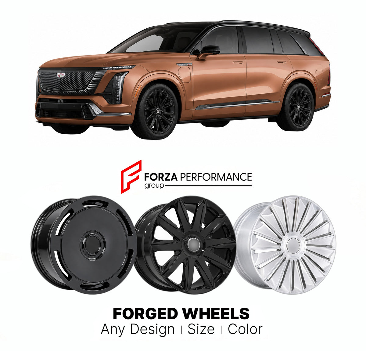 FORGED WHEELS RIMS for CADILLAC VISTIQ 2027+

Custom forged wheels for Cadillac Vistiq 2027+. Made-to-order monoblock, 2-piece and 3-piece rims in custom sizes, offsets, colors and finishes with guaranteed fitment.

We manufacture premium quality forged wheels rims for Cadillac Vistiq 2027+ in any design, size, color.

WHEEL SIZE:

Front: 22 x 10 ET 40
Rear: 22 x 10 ET 40
PCD: 6 x 139.7
CB: 78.1
Material: 6061-T6 Forged Aluminum
THIS WHEEL DESIGN CAN BE CUSTOM-MADE FOR YOUR CAR IN ANY SIZE AND COLOR OPTIONS