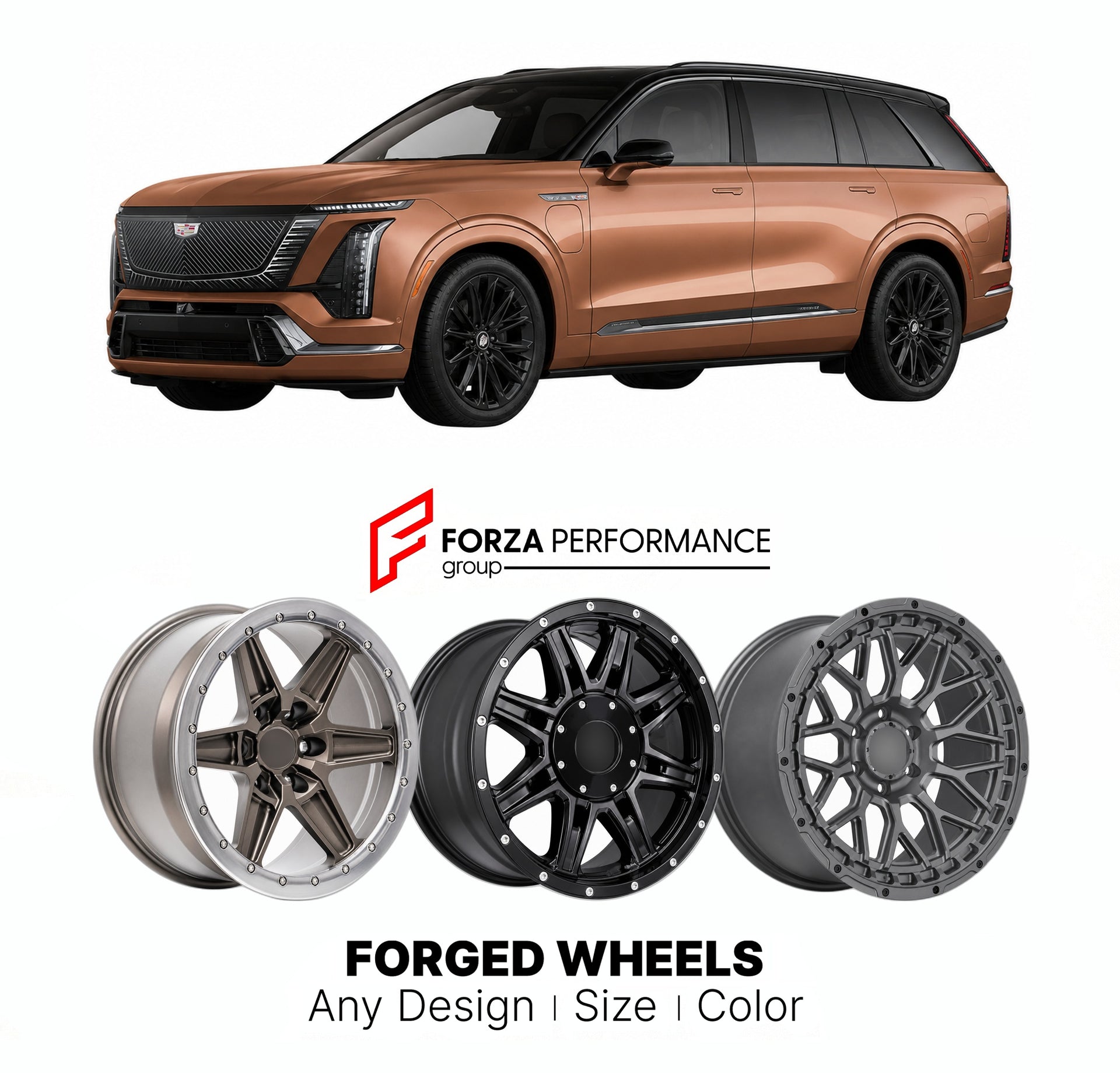 FORGED WHEELS RIMS for CADILLAC VISTIQ 2027+

Custom forged wheels for Cadillac Vistiq 2027+. Made-to-order monoblock, 2-piece and 3-piece rims in custom sizes, offsets, colors and finishes with guaranteed fitment.

We manufacture premium quality forged wheels rims for Cadillac Vistiq 2027+ in any design, size, color.

WHEEL SIZE:

Front: 22 x 10 ET 40
Rear: 22 x 10 ET 40
PCD: 6 x 139.7
CB: 78.1
Material: 6061-T6 Forged Aluminum
THIS WHEEL DESIGN CAN BE CUSTOM-MADE FOR YOUR CAR IN ANY SIZE AND COLOR OPTIONS