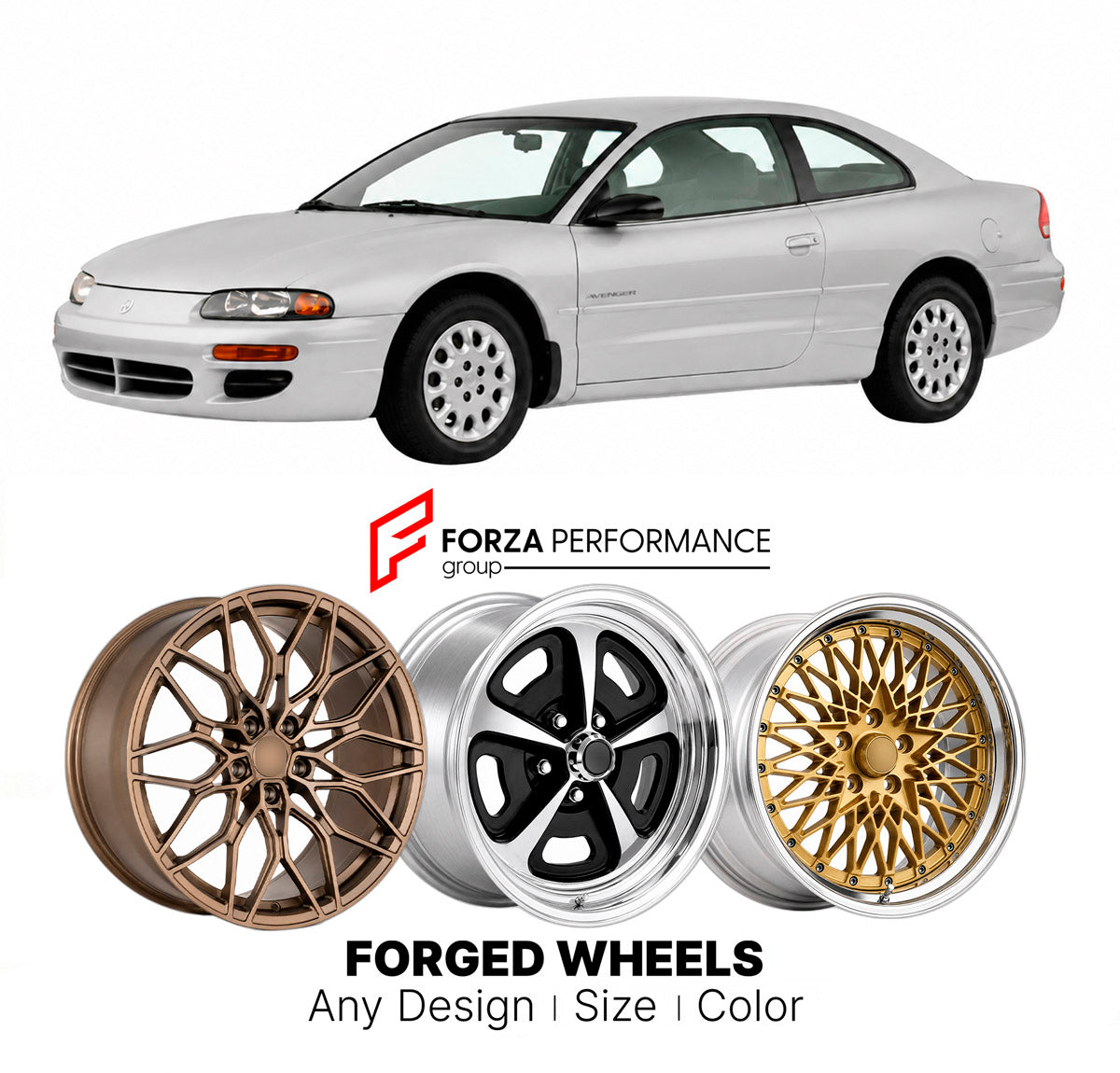 FORGED WHEELS RIMS for DODGE AVENGER I FJ 1994 - 2000

Custom forged wheels for Dodge Avenger I FJ 1994 - 2000. Made-to-order monoblock, 2-piece and 3-piece rims in custom sizes, offsets, colors and finishes with guaranteed fitment.

We manufacture premium quality forged wheels rims for Dodge Avenger I FJ 1994 - 2000 in any design, size, color.

THIS WHEEL DESIGN CAN BE CUSTOM-MADE FOR YOUR CAR IN ANY SIZE AND COLOR OPTIONS
Available in monoblock, 2-piece, 3-piece, duoblock, beadlock
3D wheel renderings are