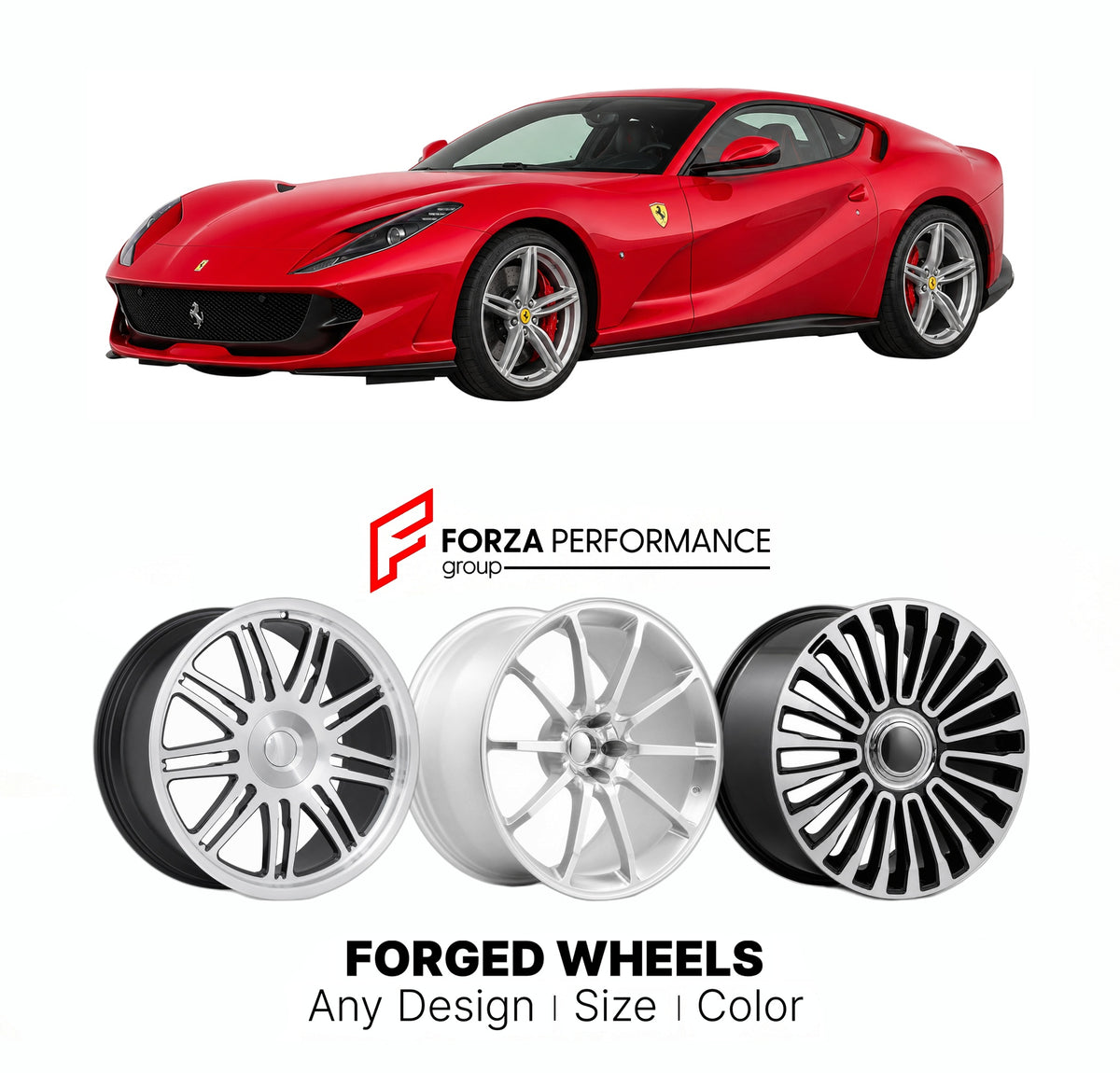 21 INCH FORGED WHEELS RIMS for FERRARI 812 SUPERFAST 2017 - 2023 FORZA PERFORMANCE Mansory Style

We manufacture premium quality forged wheels rims for Ferrari 812 Superfast 2017 - 2023 in any design, size, color.

THIS WHEEL DESIGN CAN BE CUSTOM-MADE FOR YOUR CAR IN ANY SIZE AND COLOR OPTIONS
Available in monoblock, 2-piece, 3-piece, duoblock, beadlock
3D wheel renderings are provided according to the exact dimensions and specifications requested by the client, ensuring proper fitment for their car prior t