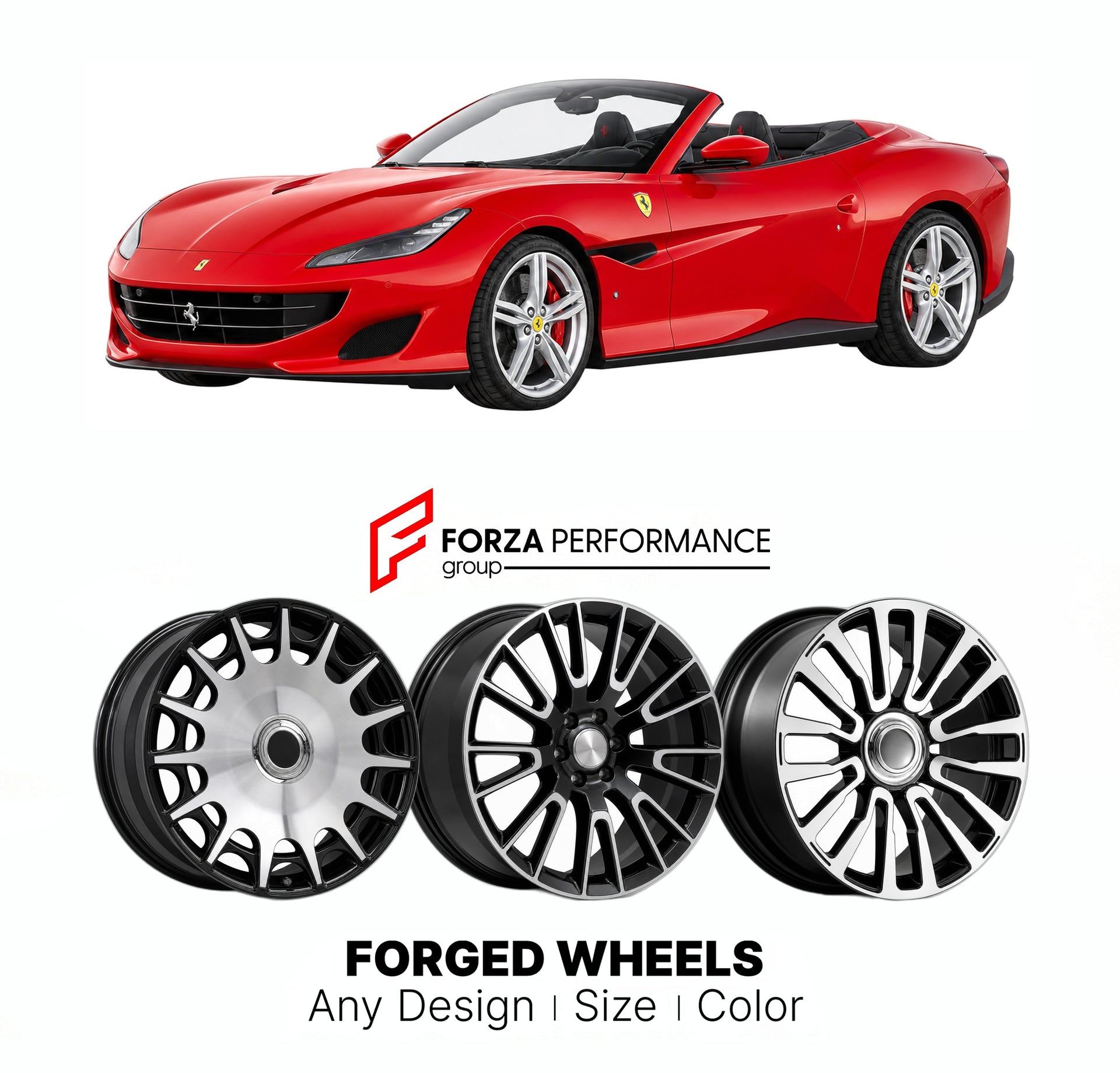 21 INCH FORGED WHEELS RIMS for FERRARI PORTOFINO 2017 - 2021 FORZA PERFORMANCE Mansory Style

We manufacture premium quality forged wheels rims for Ferrari Portofino 2017 - 2021 in any design, size, color.

THIS WHEEL DESIGN CAN BE CUSTOM-MADE FOR YOUR CAR IN ANY SIZE AND COLOR OPTIONS
Available in monoblock, 2-piece, 3-piece, duoblock, beadlock
3D wheel renderings are provided according to the exact dimensions and specifications requested by the client, ensuring proper fitment for their car prior to produc