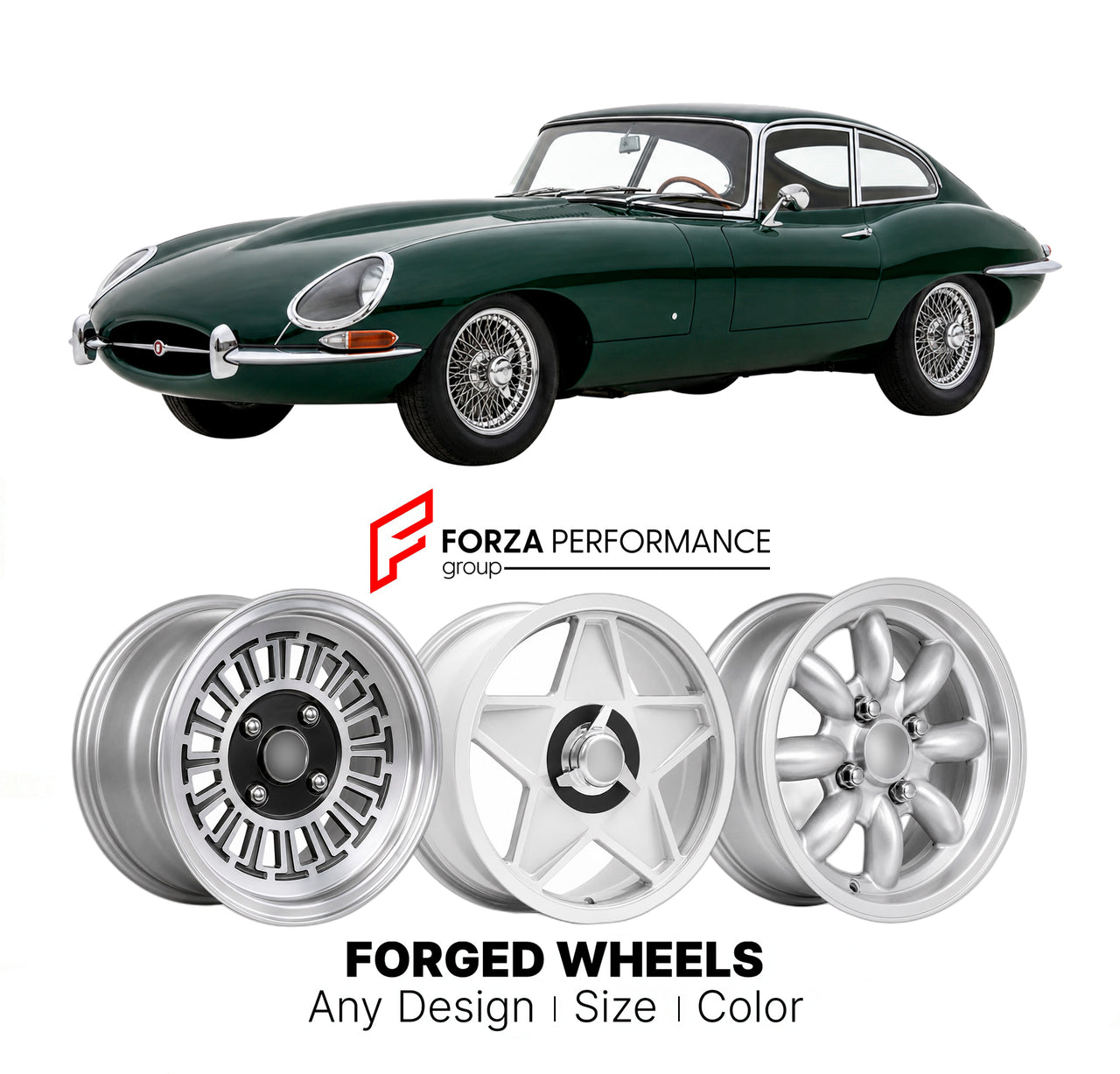 CUSTOM CLASSIC VINTAGE RESTOMOD RETRO OLD SCHOOL FORGED WHEELS RIMS for JAGUAR E-TYPE SERIES 1 1961 - 1968

Custom forged wheels for Jaguar E-Type Series 1 1961–1968. Classic, vintage, restomod wheel designs made to order in custom sizes, offsets, colors and finishes.

We manufacture premium quality forged wheels rims for Jaguar E-Type Series 1 1961 - 1968 in any design, size, color.

THIS WHEEL DESIGN CAN BE CUSTOM-MADE FOR YOUR CAR IN ANY SIZE AND COLOR OPTIONS
Available in monoblock, 2-piece, 3-piece, du