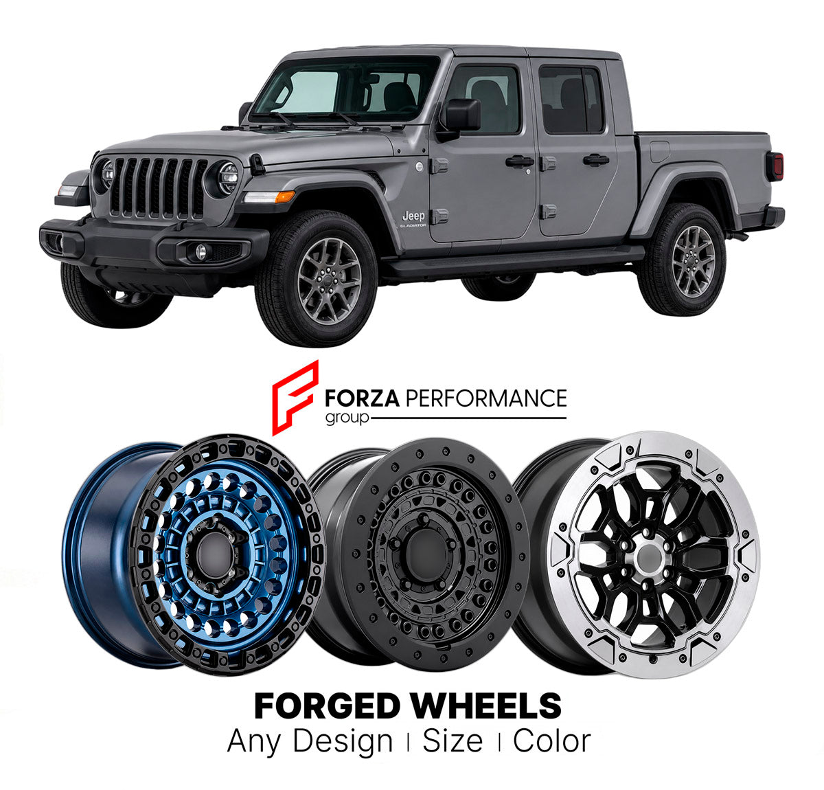 FORGED WHEELS RIMS for JEEP GLADIATOR OVERLAND JT 2020+

Custom forged wheels for Jeep Gladiator Overland JT 2020+. Made-to-order monoblock, 2-piece and 3-piece rims in custom sizes, offsets, colors and finishes with guaranteed fitment.

We manufacture premium quality forged wheels rims for Jeep Gladiator Overland JT 2020+ in any design, size, color.

THIS WHEEL DESIGN CAN BE CUSTOM-MADE FOR YOUR CAR IN ANY SIZE AND COLOR OPTIONS
Available in monoblock, 2-piece, 3-piece, duoblock, beadlock
3D wheel renderin