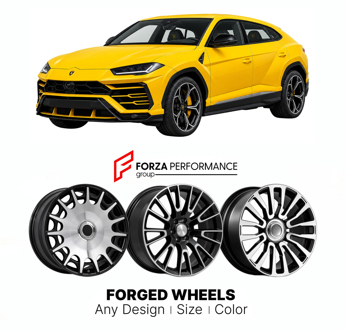 21 INCH FORGED WHEELS RIMS for LAMBORGHINI URUS 2018 - 2025 FORZA PERFORMANCE Mansory Style

We manufacture premium quality forged wheels rims for Lamborghini Urus 2018 - 2025 in any design, size, color.

THIS WHEEL DESIGN CAN BE CUSTOM-MADE FOR YOUR CAR IN ANY SIZE AND COLOR OPTIONS
Available in monoblock, 2-piece, 3-piece, duoblock, beadlock
3D wheel renderings are provided according to the exact dimensions and specifications requested by the client, ensuring proper fitment for their car prior to producti
