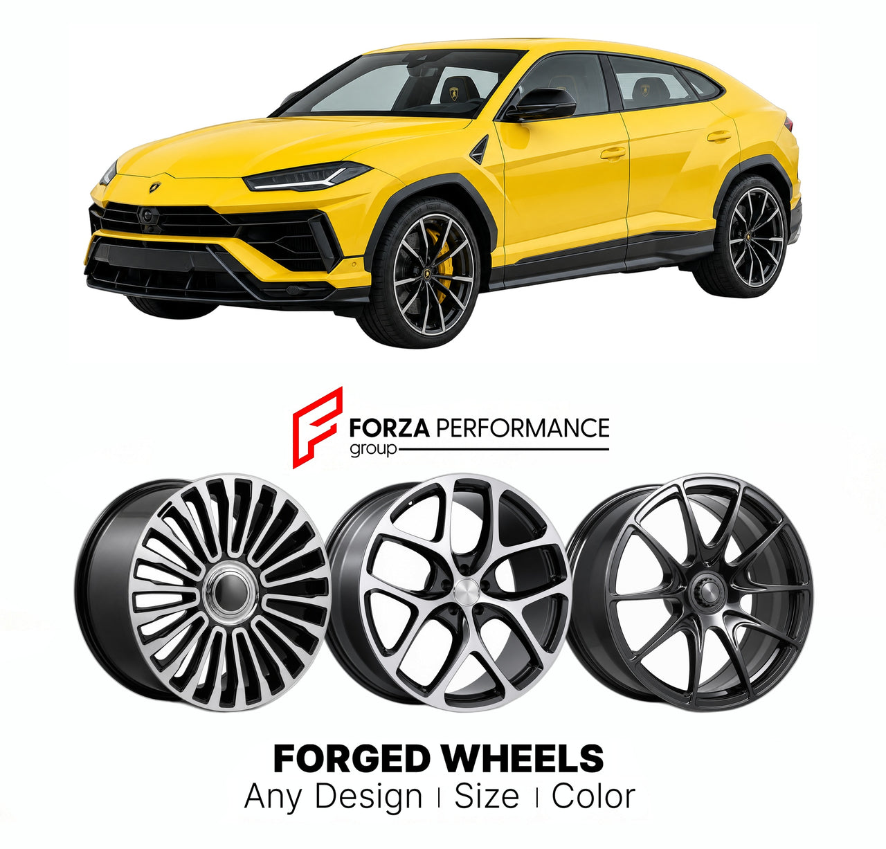 21 INCH FORGED WHEELS RIMS for LAMBORGHINI URUS S 2022+ FORZA PERFORMANCE Mansory Style

We manufacture premium quality forged wheels rims for Lamborghini Urus S 2022+ in any design, size, color.

THIS WHEEL DESIGN CAN BE CUSTOM-MADE FOR YOUR CAR IN ANY SIZE AND COLOR OPTIONS
Available in monoblock, 2-piece, 3-piece, duoblock, beadlock
3D wheel renderings are provided according to the exact dimensions and specifications requested by the client, ensuring proper fitment for their car prior to production
OPTIO