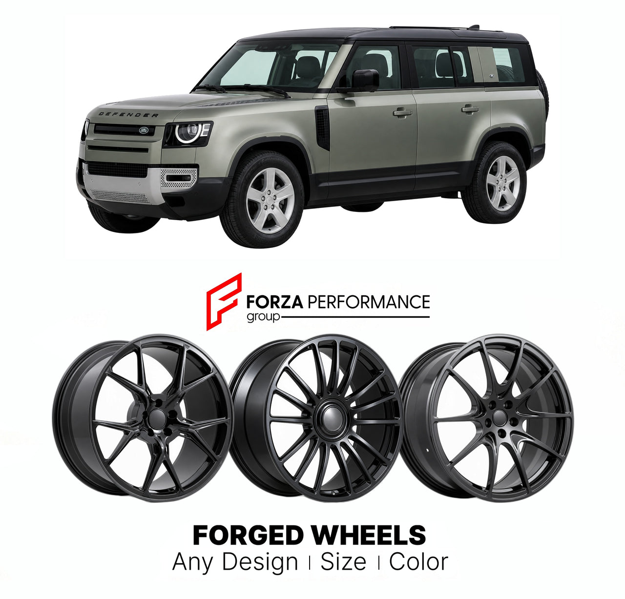 21 INCH FORGED WHEELS RIMS for LAND ROVER DEFENDER L663 110 2020+ FORZA PERFORMANCE Mansory Style

We manufacture premium quality forged wheels rims for Land Rover Defender L663 110 2020+ in any design, size, color.

THIS WHEEL DESIGN CAN BE CUSTOM-MADE FOR YOUR CAR IN ANY SIZE AND COLOR OPTIONS
Available in monoblock, 2-piece, 3-piece, duoblock, beadlock
3D wheel renderings are provided according to the exact dimensions and specifications requested by the client, ensuring proper fitment for their car prior