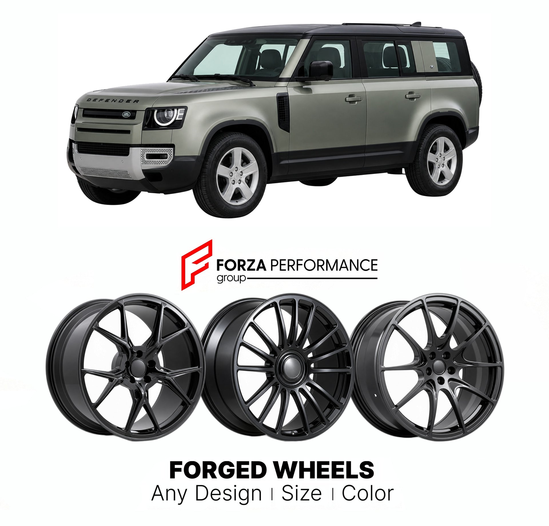 21 INCH FORGED WHEELS RIMS for LAND ROVER DEFENDER L663 110 2020+ FORZA PERFORMANCE Mansory Style

We manufacture premium quality forged wheels rims for Land Rover Defender L663 110 2020+ in any design, size, color.

THIS WHEEL DESIGN CAN BE CUSTOM-MADE FOR YOUR CAR IN ANY SIZE AND COLOR OPTIONS
Available in monoblock, 2-piece, 3-piece, duoblock, beadlock
3D wheel renderings are provided according to the exact dimensions and specifications requested by the client, ensuring proper fitment for their car prior