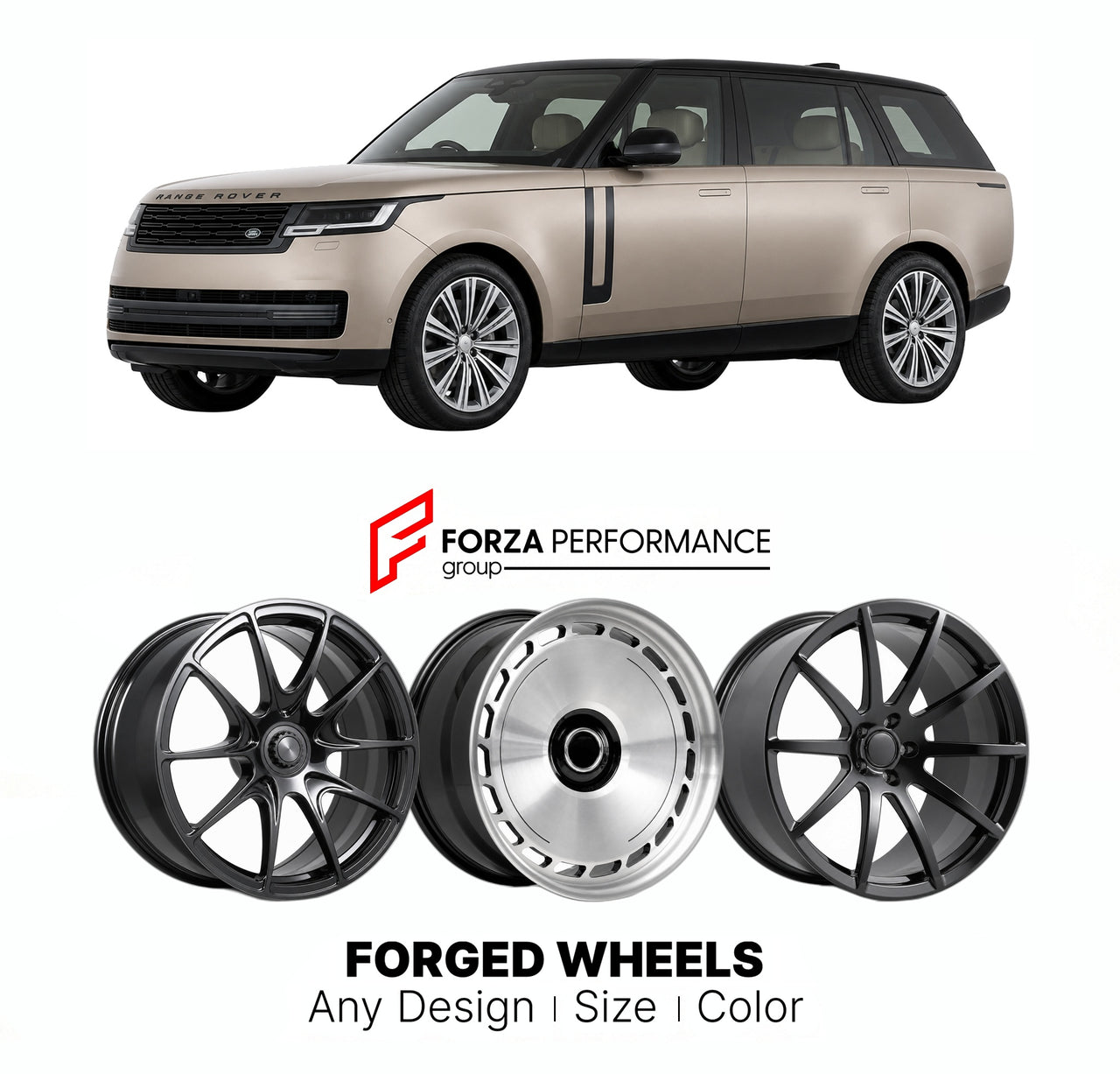 21 INCH FORGED WHEELS RIMS for LAND ROVER RANGE ROVER L460 2021+ FORZA PERFORMANCE Mansory Style

We manufacture premium quality forged wheels rims for Land Rover Range Rover L460 2021+ in any design, size, color.

THIS WHEEL DESIGN CAN BE CUSTOM-MADE FOR YOUR CAR IN ANY SIZE AND COLOR OPTIONS
Available in monoblock, 2-piece, 3-piece, duoblock, beadlock
3D wheel renderings are provided according to the exact dimensions and specifications requested by the client, ensuring proper fitment for their car prior t