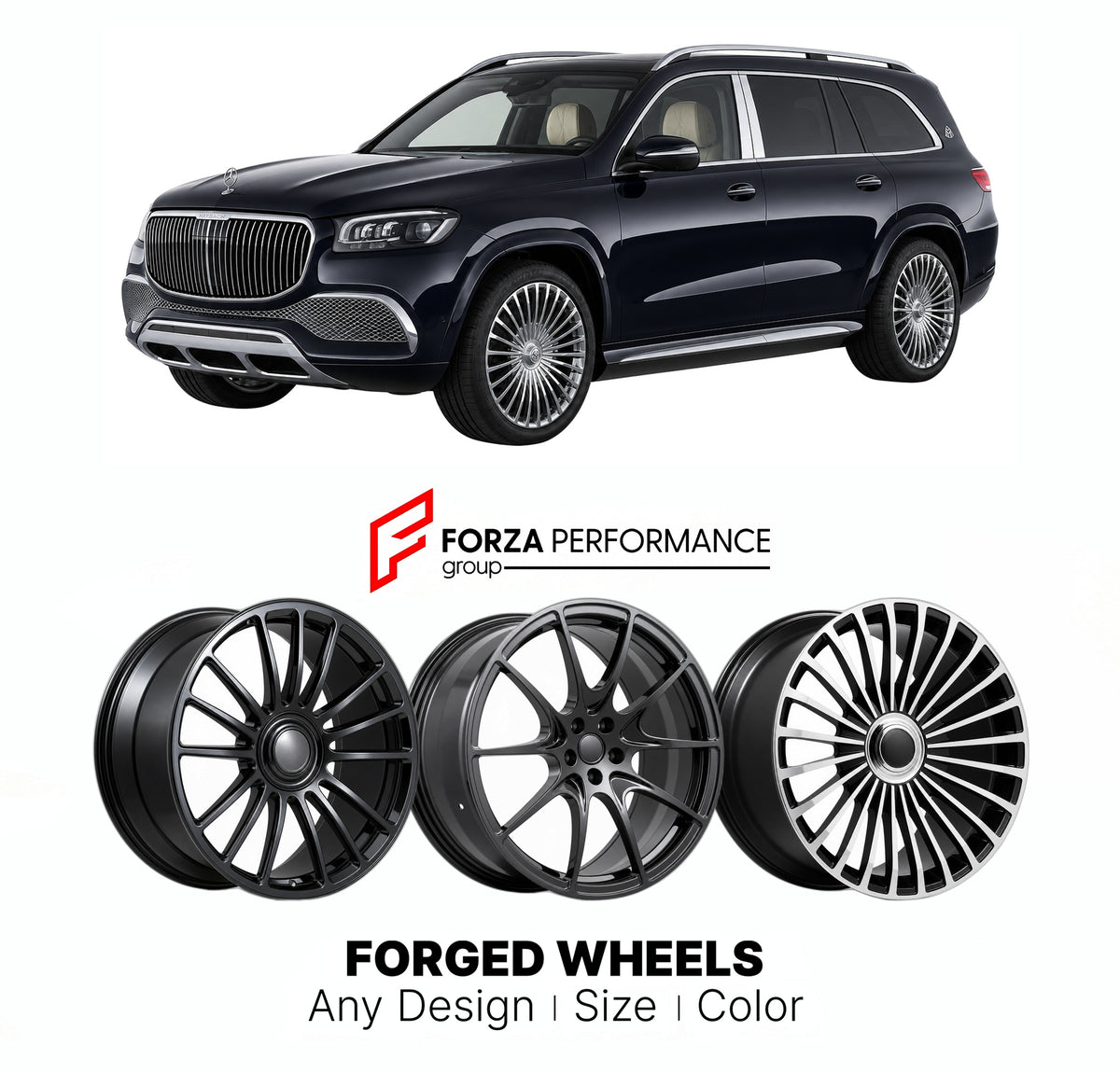 21 INCH FORGED WHEELS RIMS for MERCEDES-MAYBACH GLS X167 2020+ FORZA PERFORMANCE Mansory Style

We manufacture premium quality forged wheels rims for Mercedes-Maybach GLS X167 2020+ in any design, size, color.

THIS WHEEL DESIGN CAN BE CUSTOM-MADE FOR YOUR CAR IN ANY SIZE AND COLOR OPTIONS
Available in monoblock, 2-piece, 3-piece, duoblock, beadlock
3D wheel renderings are provided according to the exact dimensions and specifications requested by the client, ensuring proper fitment for their car prior to pr