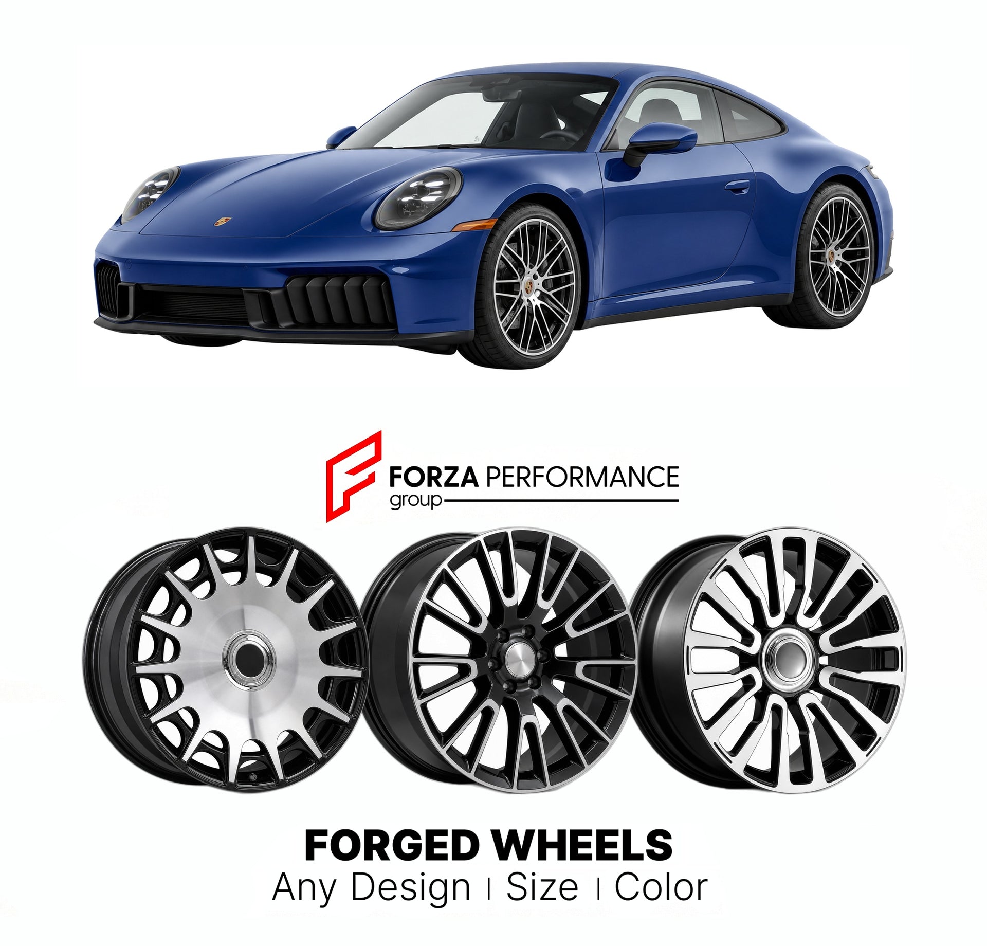 21 INCH FORGED WHEELS RIMS for PORSCHE 911 992.2 2024+ FORZA PERFORMANCE Mansory Style

We manufacture premium quality forged wheels rims for Porsche 911 992.2 2024+ in any design, size, color.

THIS WHEEL DESIGN CAN BE CUSTOM-MADE FOR YOUR CAR IN ANY SIZE AND COLOR OPTIONS
Available in monoblock, 2-piece, 3-piece, duoblock, beadlock
3D wheel renderings are provided according to the exact dimensions and specifications requested by the client, ensuring proper fitment for their car prior to production
OPTIONS