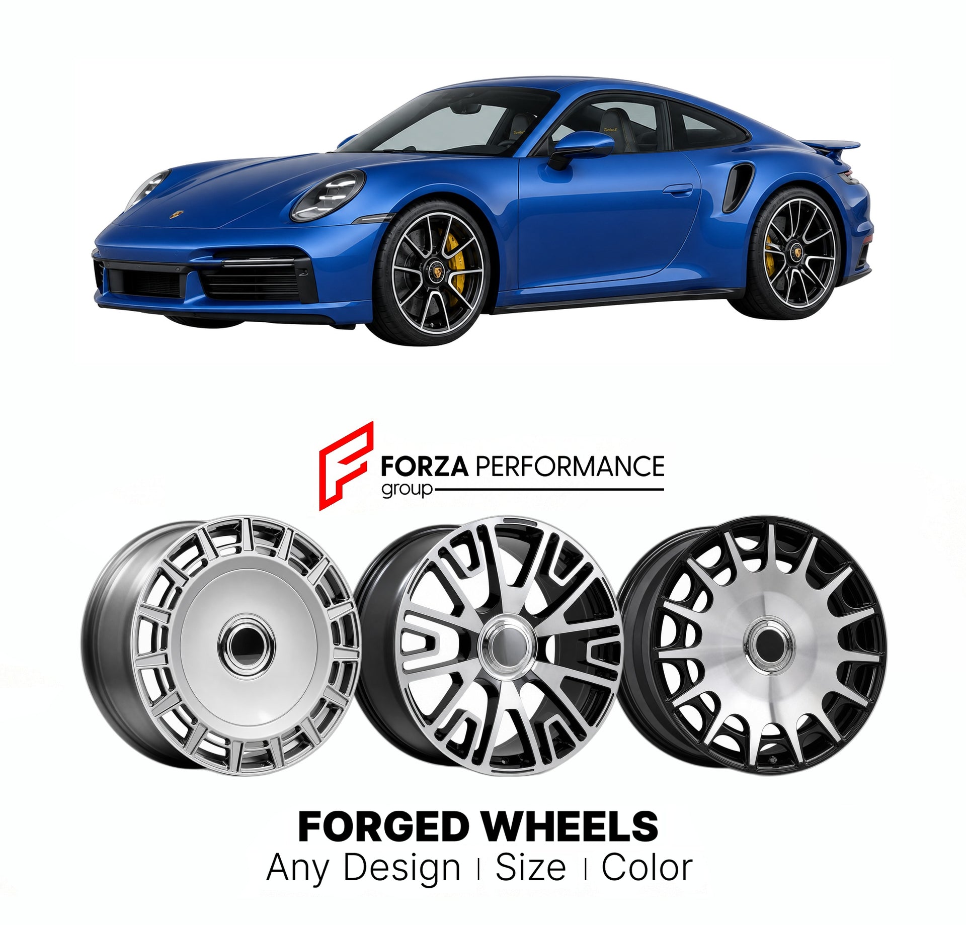 21 INCH FORGED WHEELS RIMS for PORSCHE 911 992.2 TURBO S 2024+ FORZA PERFORMANCE Mansory Style

We manufacture premium quality forged wheels rims for Porsche 911 992.2 Turbo S 2024+ in any design, size, color.

THIS WHEEL DESIGN CAN BE CUSTOM-MADE FOR YOUR CAR IN ANY SIZE AND COLOR OPTIONS
Available in monoblock, 2-piece, 3-piece, duoblock, beadlock
3D wheel renderings are provided according to the exact dimensions and specifications requested by the client, ensuring proper fitment for their car prior to pr
