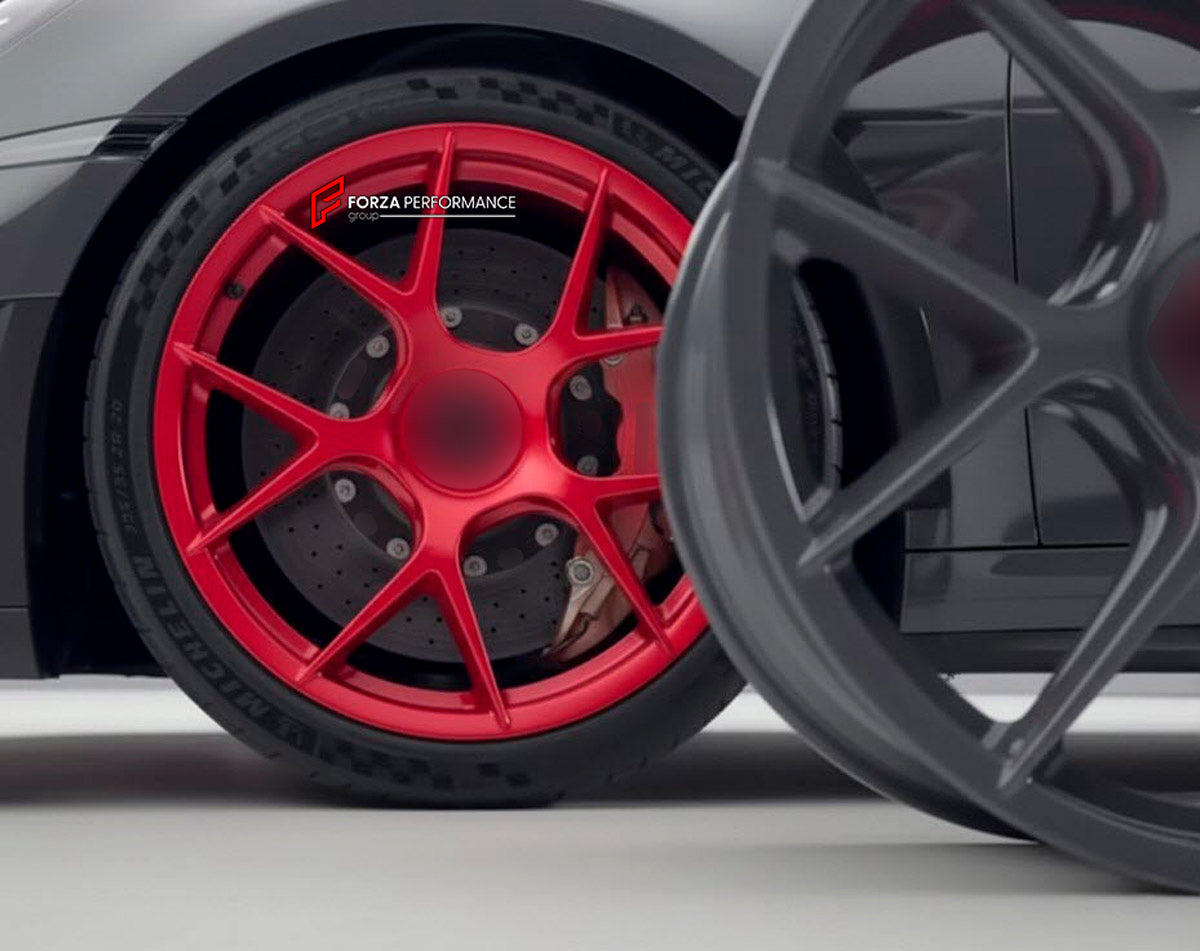 We manufacture premium quality forged wheels rims for Porsche 911 992 GT3 GTS GTC Cabriolet 2019+ in any design, size, color.

WHEEL SIZE:

Front: 20 x 8.5 ET 53
Rear: 21 x 11.5 ET 67
PCD: 5 x 130
CB: 71.6
Finish: Satin Crimson Red
Material: 6061-T6 Forged Aluminum
THIS WHEEL DESIGN CAN BE CUSTOM-MADE FOR YOUR CAR IN ANY SIZE AND COLOR OPTIONS
Available in monoblock, 2-piece, 3-piece, duoblock, beadlock
3D wheel renderings are provided according to the exact dimensions and specifications requested by the cl