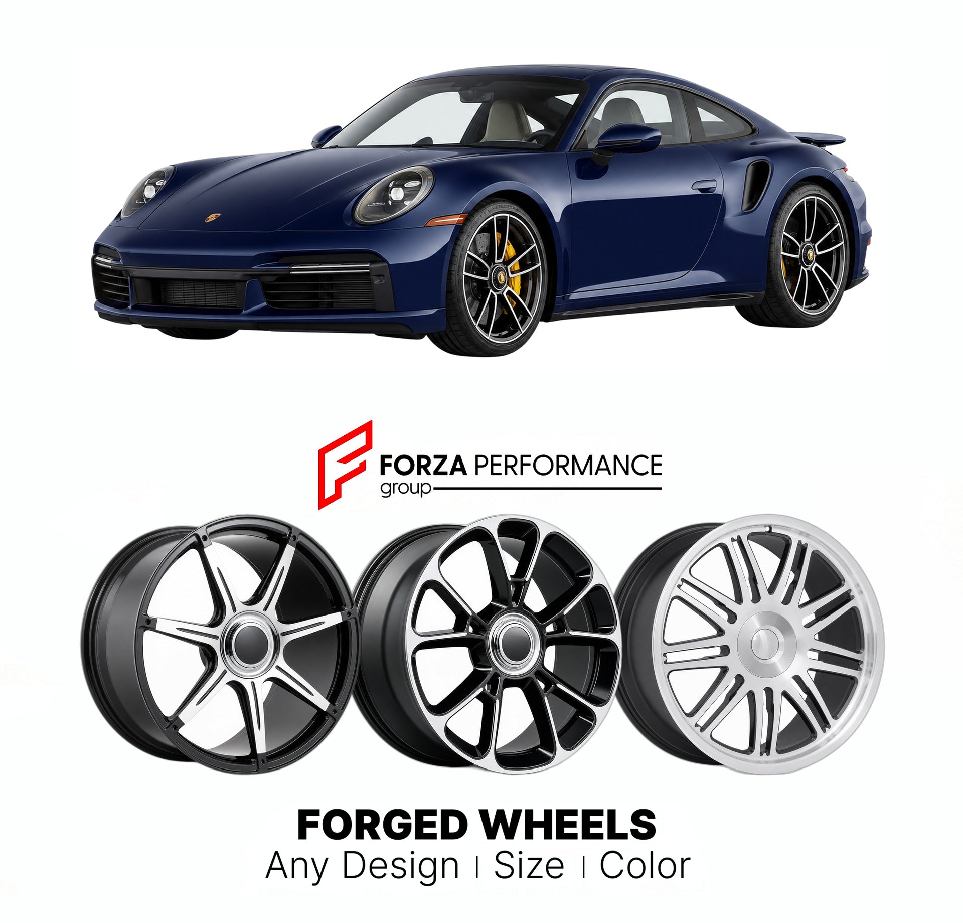 21 INCH FORGED WHEELS RIMS for PORSCHE 911 992 TURBO S 2020+ FORZA PERFORMANCE Mansory Style

We manufacture premium quality forged wheels rims for Porsche 911 992 Turbo S 2020+ in any design, size, color.

THIS WHEEL DESIGN CAN BE CUSTOM-MADE FOR YOUR CAR IN ANY SIZE AND COLOR OPTIONS
Available in monoblock, 2-piece, 3-piece, duoblock, beadlock
3D wheel renderings are provided according to the exact dimensions and specifications requested by the client, ensuring proper fitment for their car prior to produc
