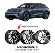 21 INCH FORGED WHEELS RIMS for PORSCHE CAYENNE E4 2026+ FORZA PERFORMANCE Mansory Style

We manufacture premium quality forged wheels rims for Porsche Cayenne E4 2026+ in any design, size, color.

THIS WHEEL DESIGN CAN BE CUSTOM-MADE FOR YOUR CAR IN ANY SIZE AND COLOR OPTIONS
Available in monoblock, 2-piece, 3-piece, duoblock, beadlock
3D wheel renderings are provided according to the exact dimensions and specifications requested by the client, ensuring proper fitment for their car prior to production
OPTIO