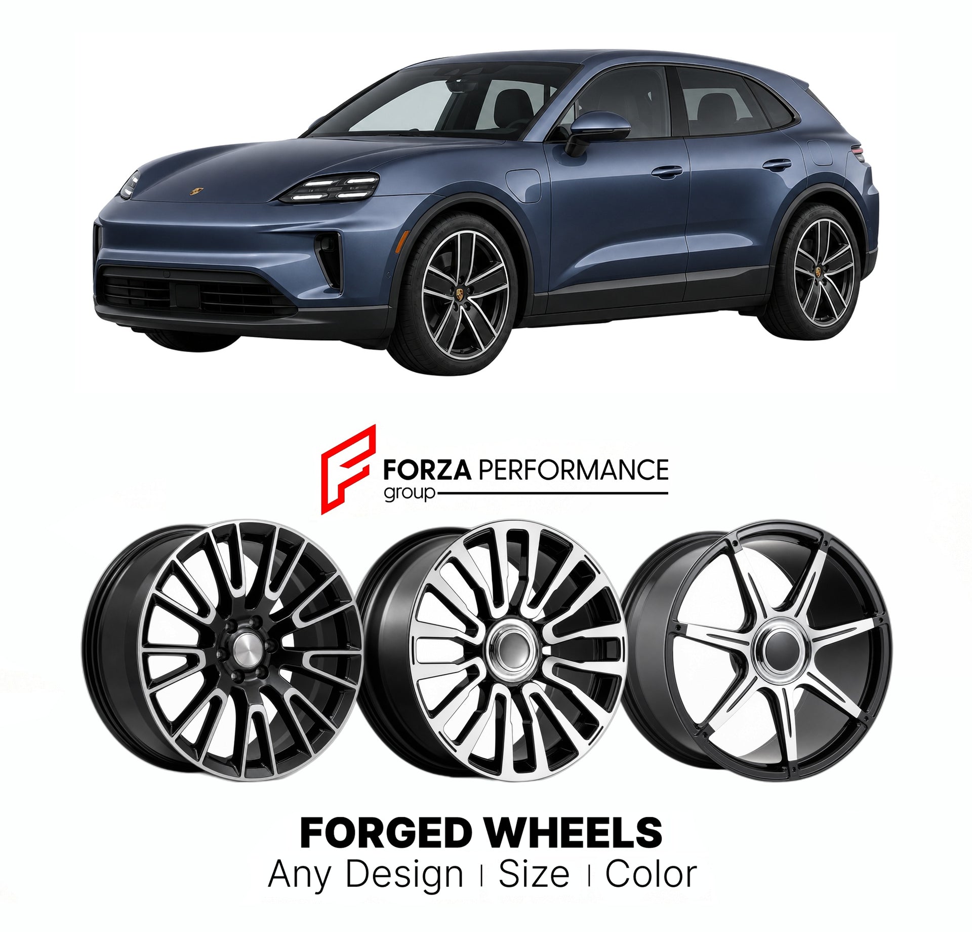 21 INCH FORGED WHEELS RIMS for PORSCHE CAYENNE E4 2026+ FORZA PERFORMANCE Mansory Style

We manufacture premium quality forged wheels rims for Porsche Cayenne E4 2026+ in any design, size, color.

THIS WHEEL DESIGN CAN BE CUSTOM-MADE FOR YOUR CAR IN ANY SIZE AND COLOR OPTIONS
Available in monoblock, 2-piece, 3-piece, duoblock, beadlock
3D wheel renderings are provided according to the exact dimensions and specifications requested by the client, ensuring proper fitment for their car prior to production
OPTIO