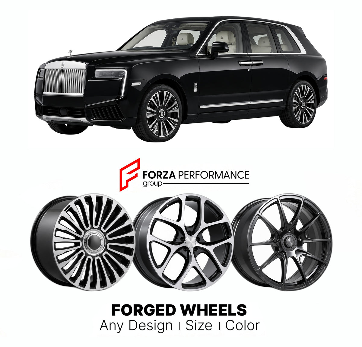 21 INCH FORGED WHEELS RIMS for ROLLS ROYCE CULLINAN SERIES 2 2024+ FORZA PERFORMANCE Mansory Style

We manufacture premium quality forged wheels rims for Rolls Royce Cullinan Series 2 2024+ in any design, size, color.

THIS WHEEL DESIGN CAN BE CUSTOM-MADE FOR YOUR CAR IN ANY SIZE AND COLOR OPTIONS
Available in monoblock, 2-piece, 3-piece, duoblock, beadlock
3D wheel renderings are provided according to the exact dimensions and specifications requested by the client, ensuring proper fitment for their car pri