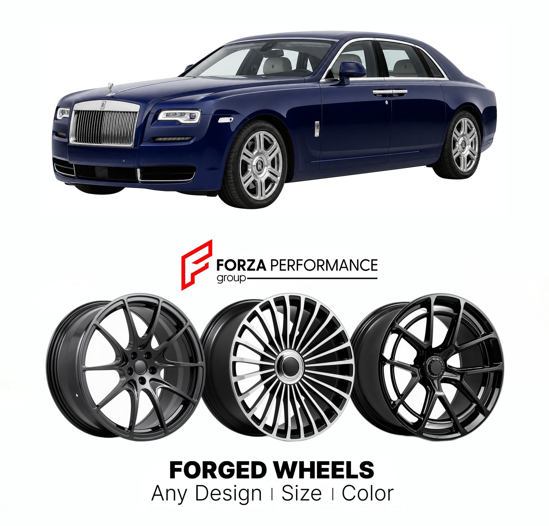 21 INCH FORGED WHEELS RIMS for ROLLS-ROYCE GHOST I FACELIFT 2014 - 2020 FORZA PERFORMANCE Mansory Style

We manufacture premium quality forged wheels rims for Rolls-Royce Ghost I Facelift 2014 - 2020 in any design, size, color.

THIS WHEEL DESIGN CAN BE CUSTOM-MADE FOR YOUR CAR IN ANY SIZE AND COLOR OPTIONS
Available in monoblock, 2-piece, 3-piece, duoblock, beadlock
3D wheel renderings are provided according to the exact dimensions and specifications requested by the client, ensuring proper fitment for the