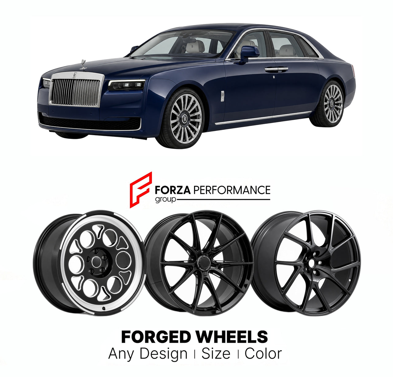 21 INCH FORGED WHEELS RIMS for ROLLS-ROYCE GHOST II FACELIFT 2025+ FORZA PERFORMANCE Mansory Style

We manufacture premium quality forged wheels rims for Rolls-Royce Ghost II Facelift 2025+ in any design, size, color.

THIS WHEEL DESIGN CAN BE CUSTOM-MADE FOR YOUR CAR IN ANY SIZE AND COLOR OPTIONS
Available in monoblock, 2-piece, 3-piece, duoblock, beadlock
3D wheel renderings are provided according to the exact dimensions and specifications requested by the client, ensuring proper fitment for their car pri