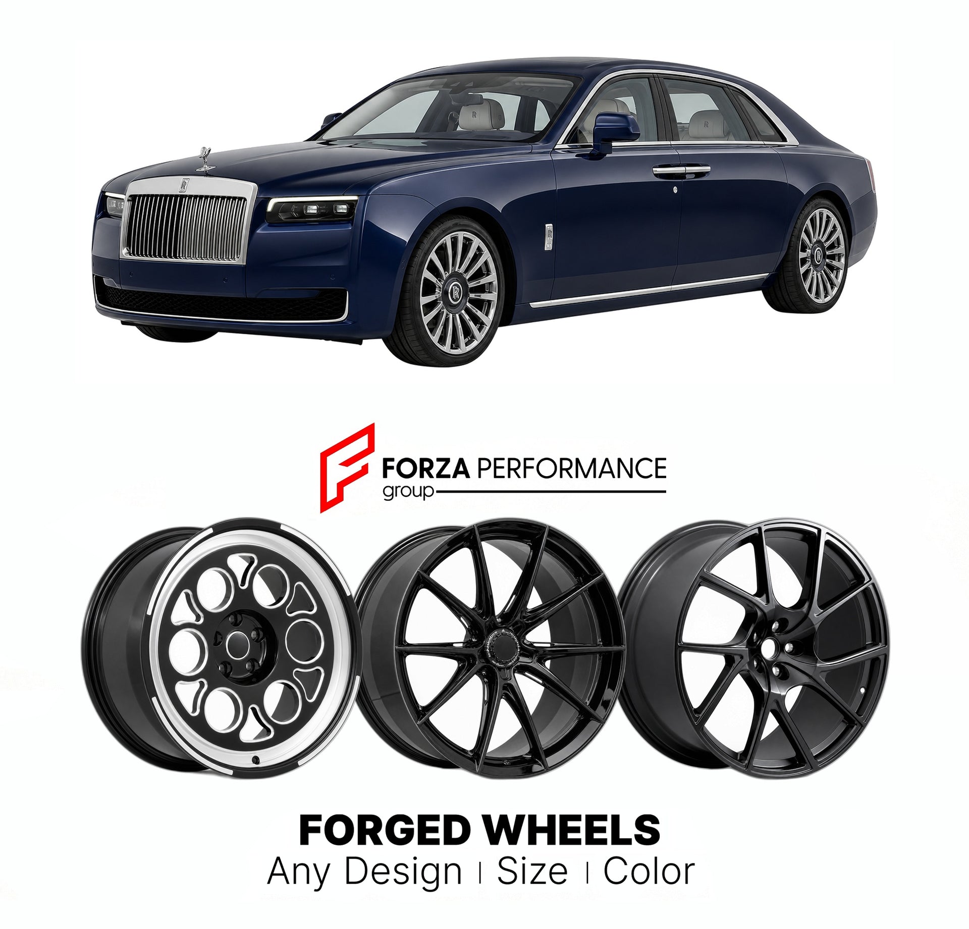 21 INCH FORGED WHEELS RIMS for ROLLS-ROYCE GHOST II FACELIFT 2025+ FORZA PERFORMANCE Mansory Style

We manufacture premium quality forged wheels rims for Rolls-Royce Ghost II Facelift 2025+ in any design, size, color.

THIS WHEEL DESIGN CAN BE CUSTOM-MADE FOR YOUR CAR IN ANY SIZE AND COLOR OPTIONS
Available in monoblock, 2-piece, 3-piece, duoblock, beadlock
3D wheel renderings are provided according to the exact dimensions and specifications requested by the client, ensuring proper fitment for their car pri