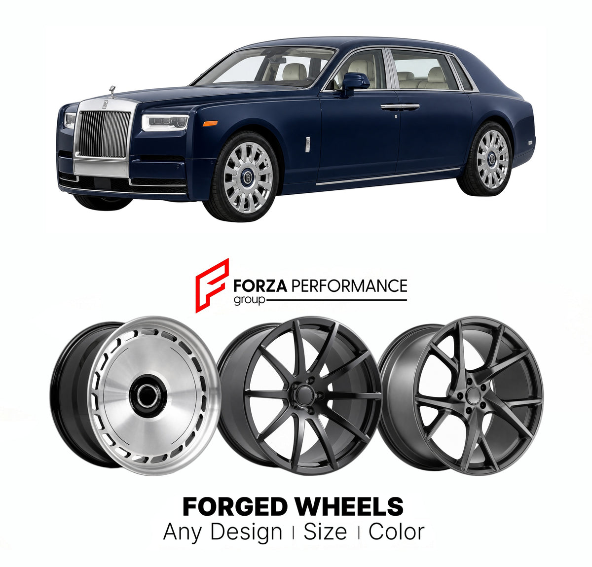 21 INCH FORGED WHEELS RIMS for ROLLS ROYCE PHANTOM 2017 - 2022 FORZA PERFORMANCE Mansory Style

We manufacture premium quality forged wheels rims for Rolls Royce Phantom 2017 - 2022 in any design, size, color.

THIS WHEEL DESIGN CAN BE CUSTOM-MADE FOR YOUR CAR IN ANY SIZE AND COLOR OPTIONS
Available in monoblock, 2-piece, 3-piece, duoblock, beadlock
3D wheel renderings are provided according to the exact dimensions and specifications requested by the client, ensuring proper fitment for their car prior to pr