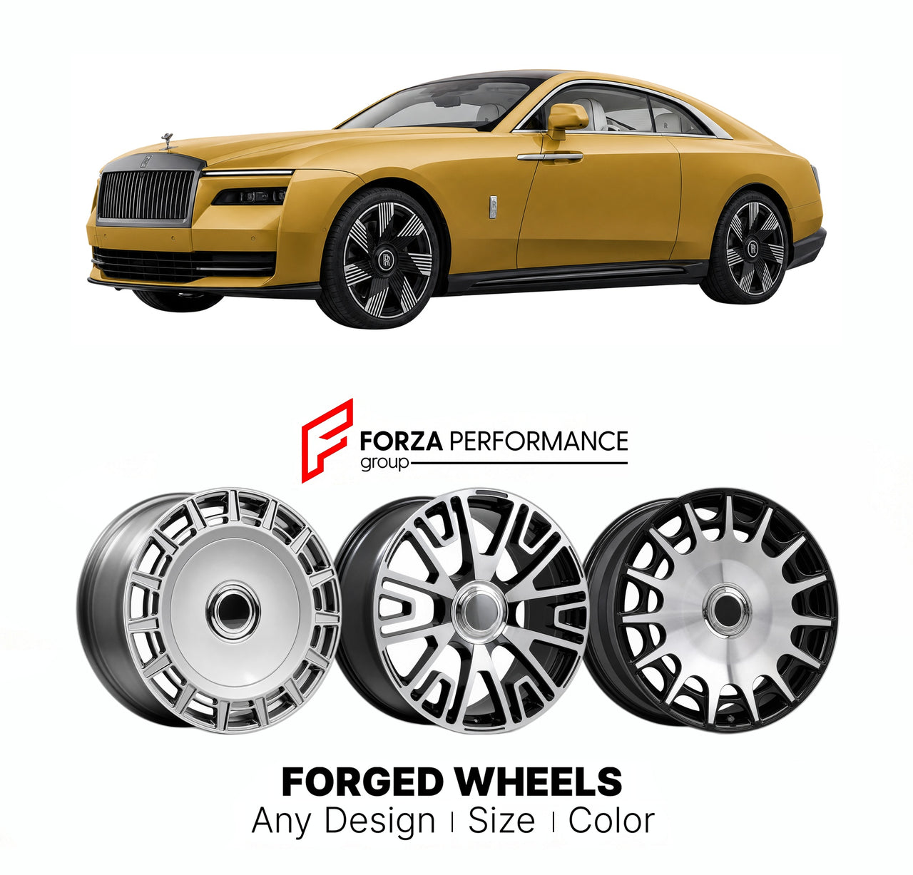 21 INCH FORGED WHEELS RIMS for ROLLS-ROYCE SPECTRE 2023+ FORZA PERFORMANCE Mansory Style

We manufacture premium quality forged wheels rims for Rolls-Royce Spectre 2023+ in any design, size, color.

THIS WHEEL DESIGN CAN BE CUSTOM-MADE FOR YOUR CAR IN ANY SIZE AND COLOR OPTIONS
Available in monoblock, 2-piece, 3-piece, duoblock, beadlock
3D wheel renderings are provided according to the exact dimensions and specifications requested by the client, ensuring proper fitment for their car prior to production
OPT