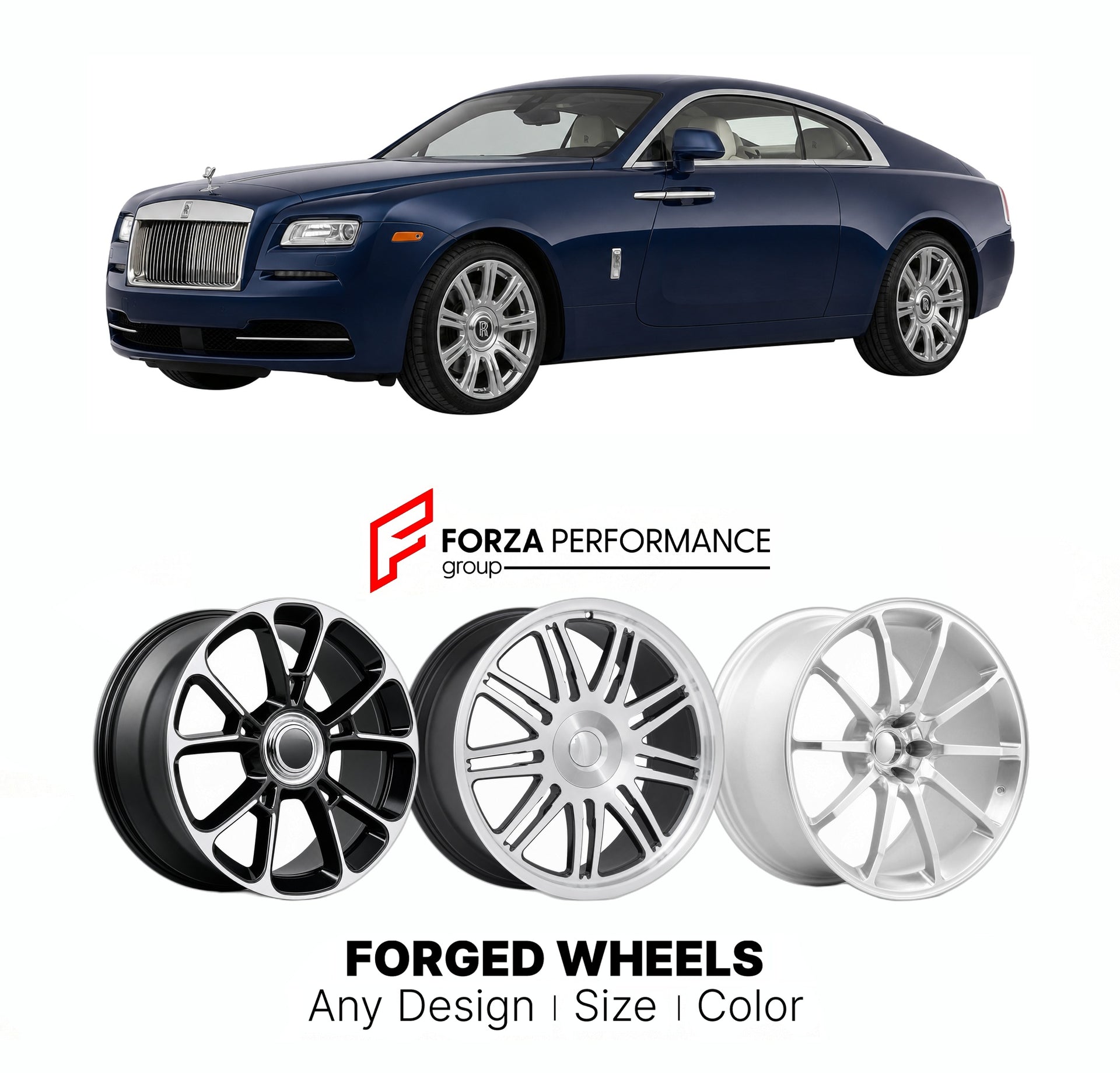 21 INCH FORGED WHEELS RIMS for ROLLS ROYCE WRAITH 2013 - 2023 FORZA PERFORMANCE Mansory Style

We manufacture premium quality forged wheels rims for Rolls Royce Wraith 2013 - 2023 in any design, size, color.

THIS WHEEL DESIGN CAN BE CUSTOM-MADE FOR YOUR CAR IN ANY SIZE AND COLOR OPTIONS
Available in monoblock, 2-piece, 3-piece, duoblock, beadlock
3D wheel renderings are provided according to the exact dimensions and specifications requested by the client, ensuring proper fitment for their car prior to prod
