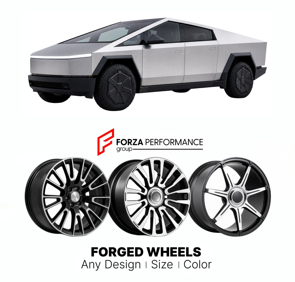 21 INCH FORGED WHEELS RIMS for TESLA CYBERTRUCK 2023+ FORZA PERFORMANCE Mansory Style

We manufacture premium quality forged wheels rims for Tesla Cybertruck 2023+ in any design, size, color.

THIS WHEEL DESIGN CAN BE CUSTOM-MADE FOR YOUR CAR IN ANY SIZE AND COLOR OPTIONS
Available in monoblock, 2-piece, 3-piece, duoblock, beadlock
3D wheel renderings are provided according to the exact dimensions and specifications requested by the client, ensuring proper fitment for their car prior to production
OPTIONS:
