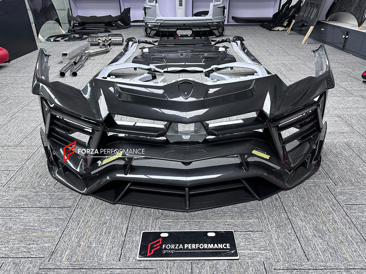 CARBON BODY KIT for LAMBORGHINI URUS S PERFORMANTE

Set includes:

Front Bumper 
Hood
Side Fenders
Side Skirts
Roof Spoiler
Rear Spoiler
Rear Bumper
Exhaust Tips
Exhaust System

Material: Carbon Fiber

Note: Professional installation is required.
