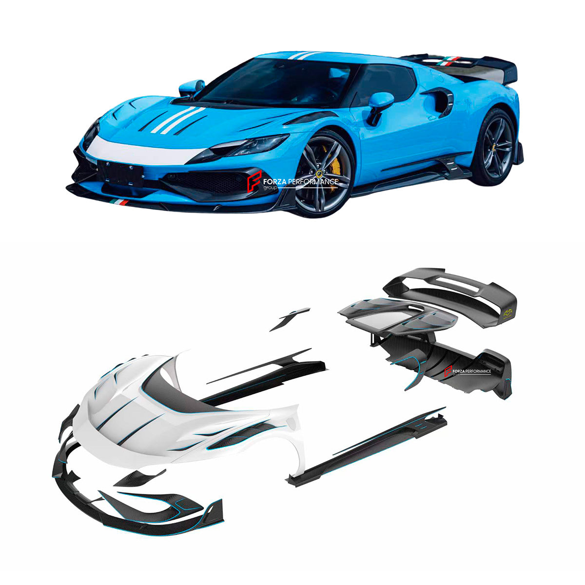 CARBON BODY KIT for FERRARI 296 GTB/GTS   Set includes: Front Lip Front Bumper Air Vent Covers Hood Panel Trim Fender Vents Side Skirts Side Air Vent Covers Engine Cover Rear Spoiler Rear Diffuser