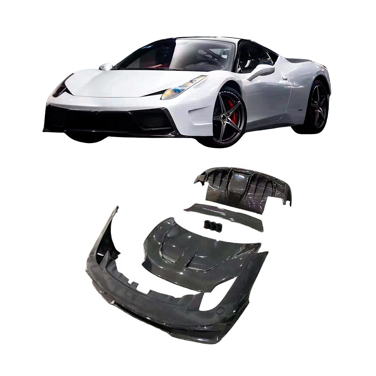 CARBON BODY KIT for FERRARI 458 2009 - 2015
Set includes:
Front Bumper
Front Hood / Bonnet
Spoiler
Rear Bumper
Rear Diffuser
Exhaust tips
Material: Carbon Fiber
Contact us for pricing
NOTE: Professional installation is required