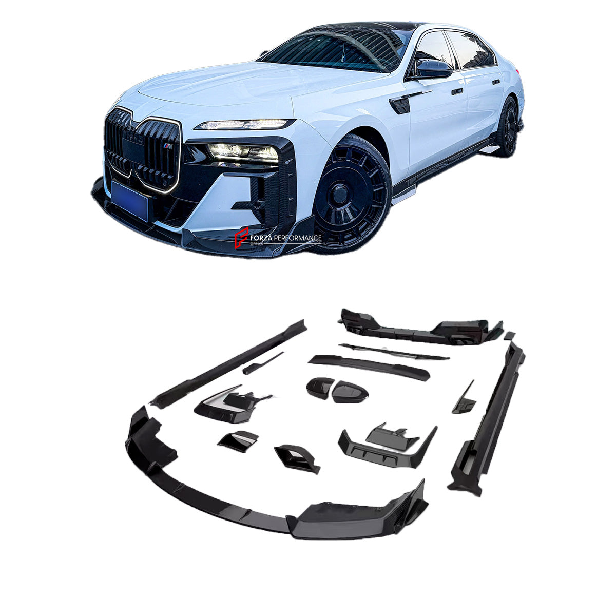 DRY CARBON BODY KIT for BMW 7 SERIES G70 2022+

Set includes:

Front Lip
Front Bumper Trims
Front Bumper Air Vent Covers
Side Mirror Covers
Side Trims
Side Skirts
Roof Spoiler
Rear Spoiler
Rear Diffuser

Material: Dry Carbon