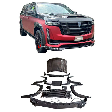 DRY CARBON BODY KIT for CADILLAC ESCALADE 2021 - 2024

Set includes:


Front Lip with Led DRL
Front Grille
Hood / Bonnet
Side Mirror Covers
Fender Flares

Roof Spoiler
Rear Diffuser

Material: Carbon Fiber

Note: Professional installation is required.